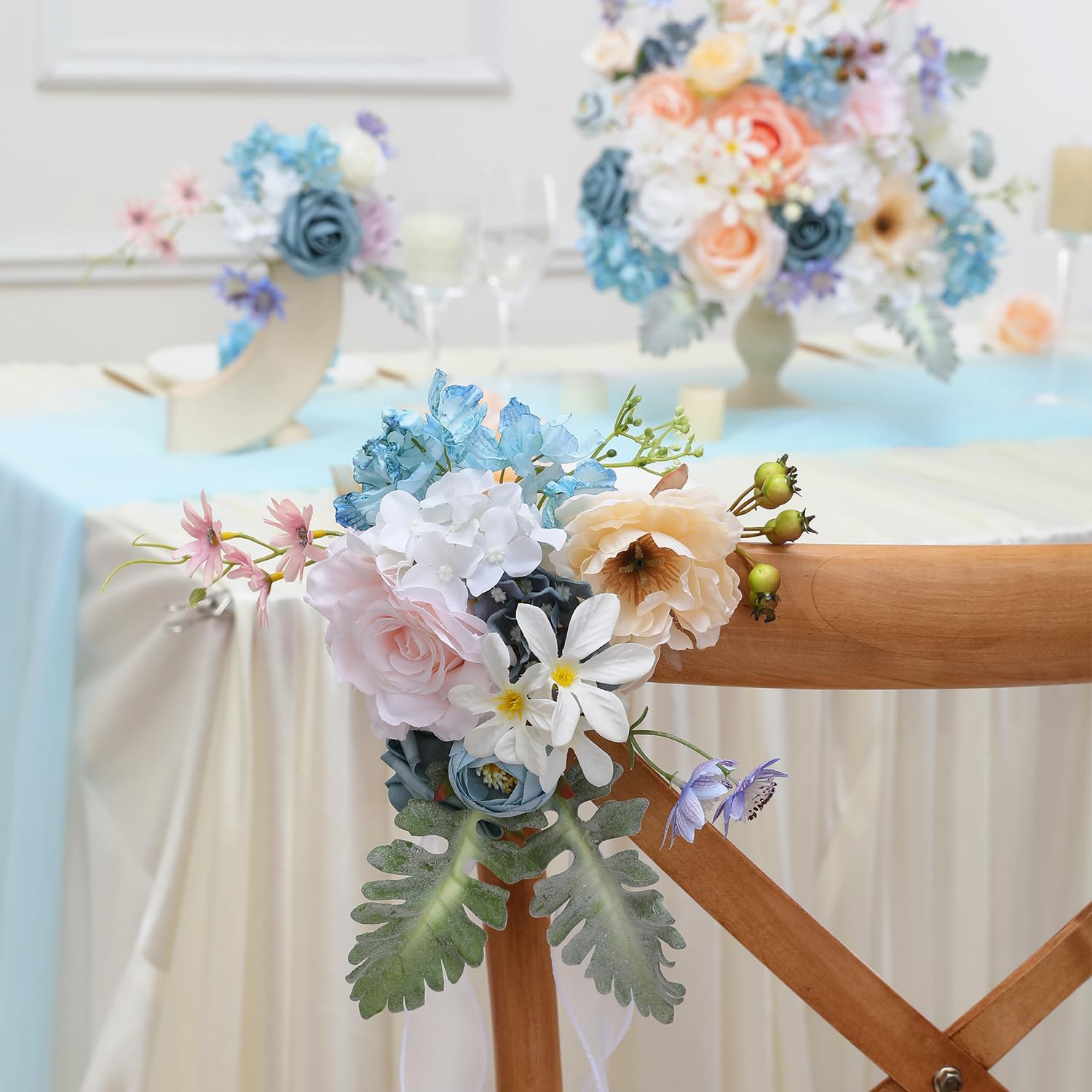 Artificial Flowers Combo for DIY Wedding Bouquets Combo Centerpieces Arrangements Party Bridal Baby Shower Home Decorations-Blue&White