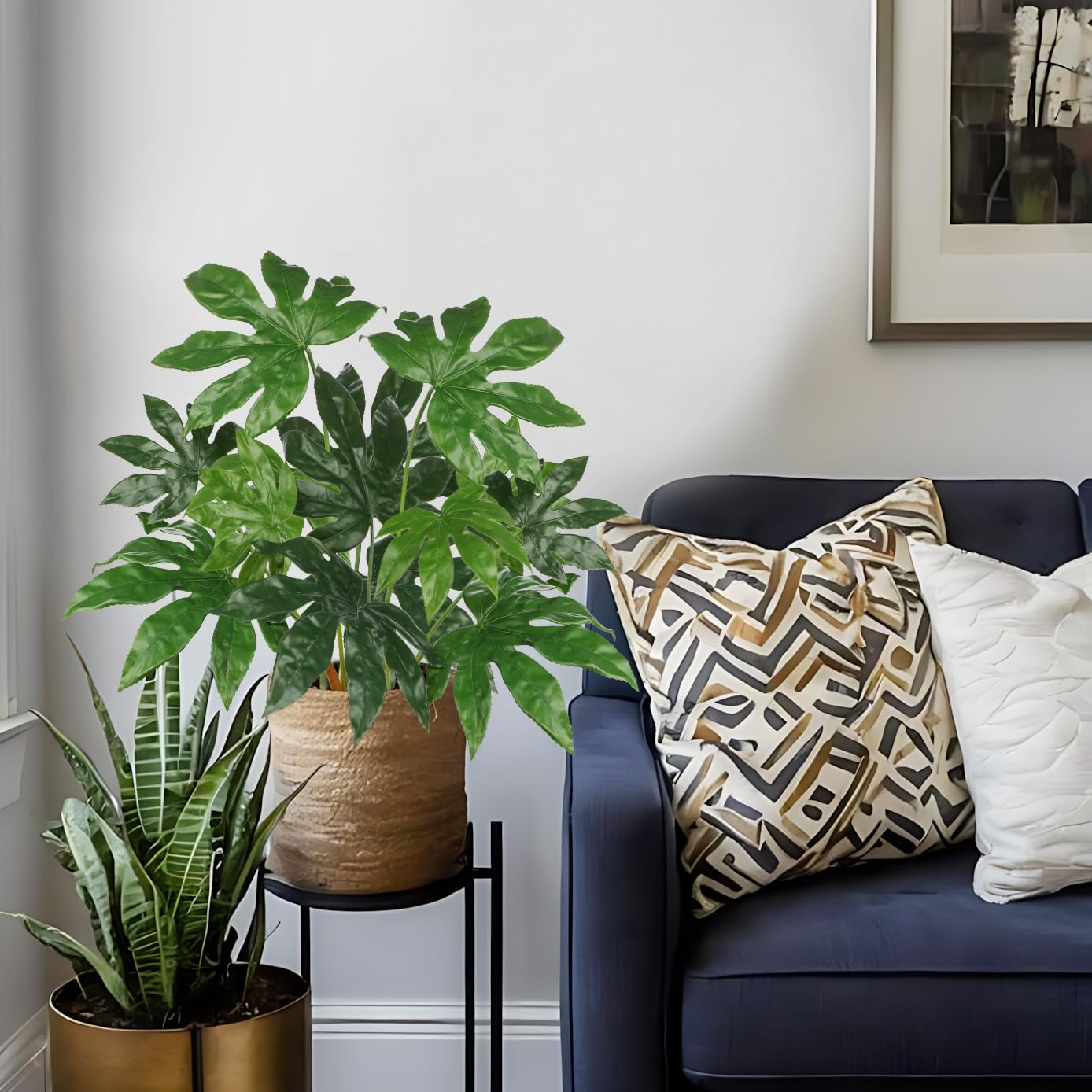 Hollyone 2PCS Artificial Fatsia Jaonica Leaves 30.7" Fake Tropical Monstera Bushes Tree Leaf Large Faux Greenery Stem Shrub for Indoor Outdoor Home Garden Arrangement Jungle Safari Wedding Party Decor