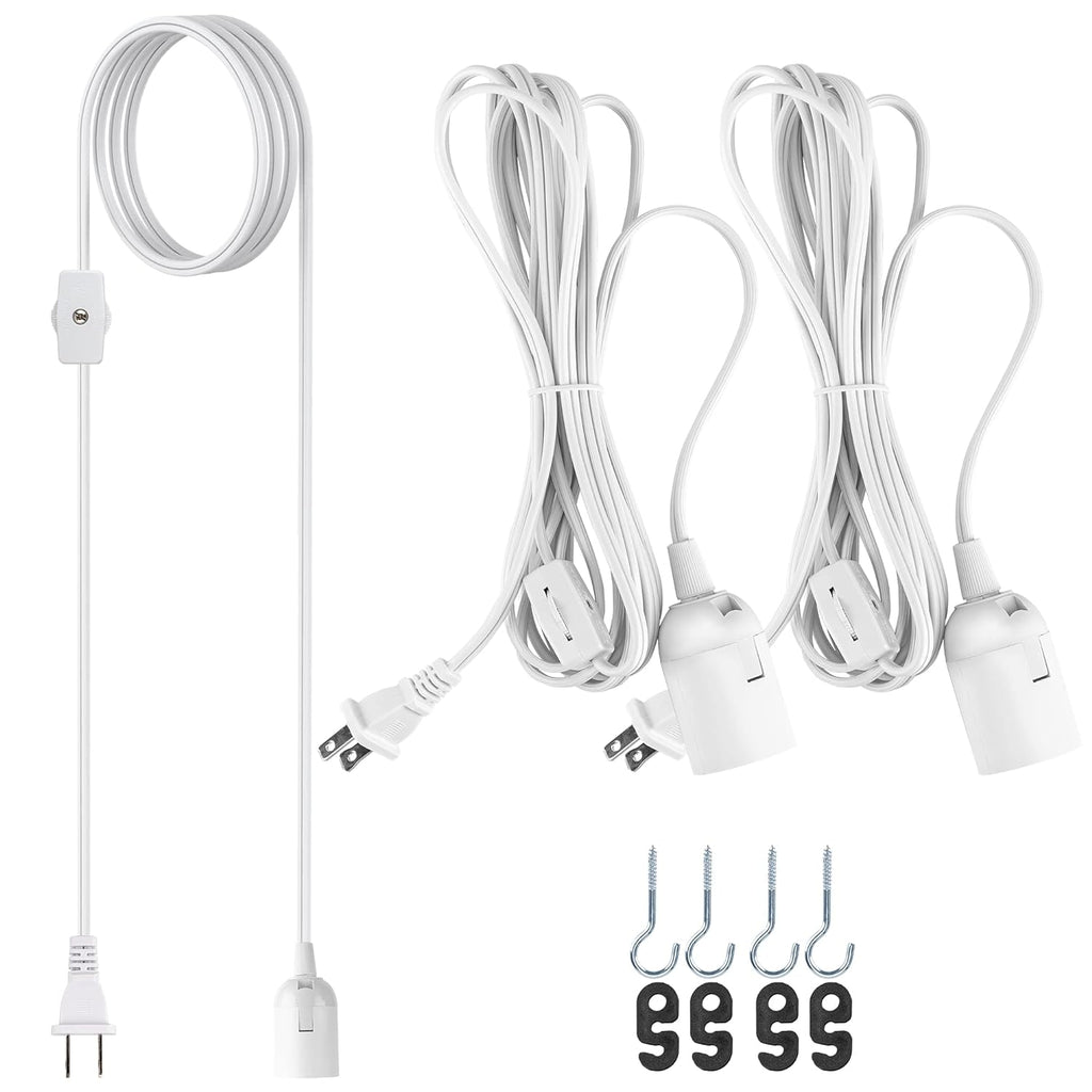 JACKYLED Extension Hanging Lantern Cord Cable UL 2-Pack 12Ft 360W with E26 E27 Socket Gear Switch + Hooks + 2-Prong US AC Power Plugs, Extra Lighting for Garage, Closet, Dark Corner, Plants
