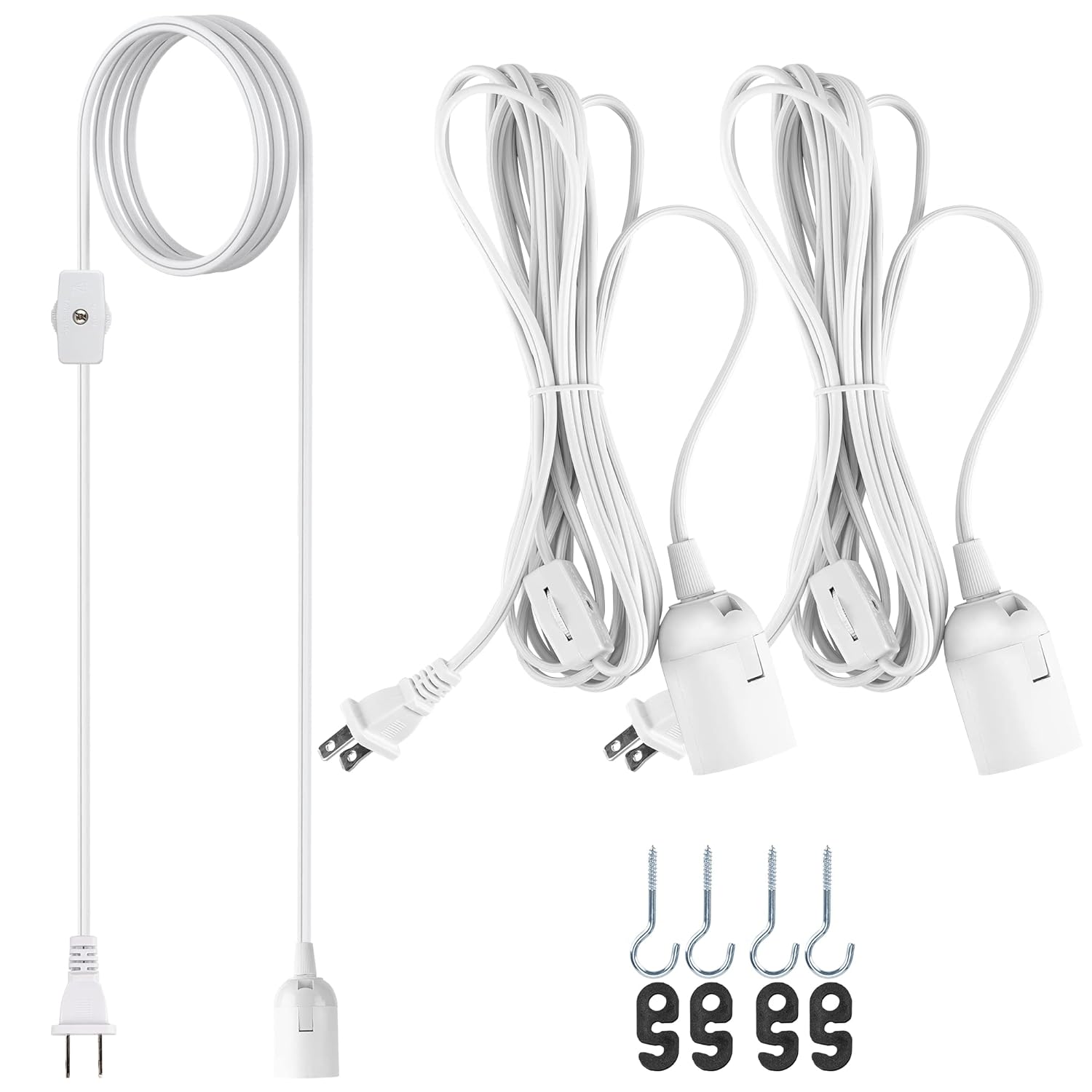 JACKYLED Extension Hanging Lantern Cord Cable UL 2-Pack 12Ft 360W with E26 E27 Socket Gear Switch + Hooks + 2-Prong US AC Power Plugs, Extra Lighting for Garage, Closet, Dark Corner, Plants