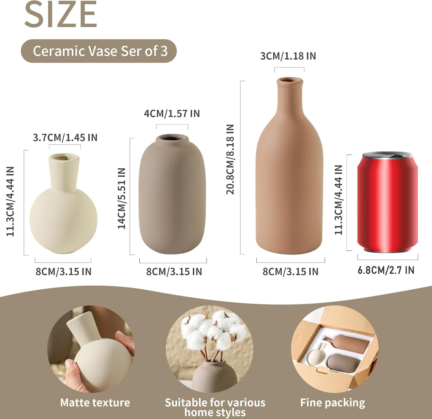 Ceramic Vases Set of 3, Modern Neutral Rustic Farmhouse Home Decor Pottery Pampas Decoration for Living Room, Table, Bathroom, Bedroom, Entryway - Brown
