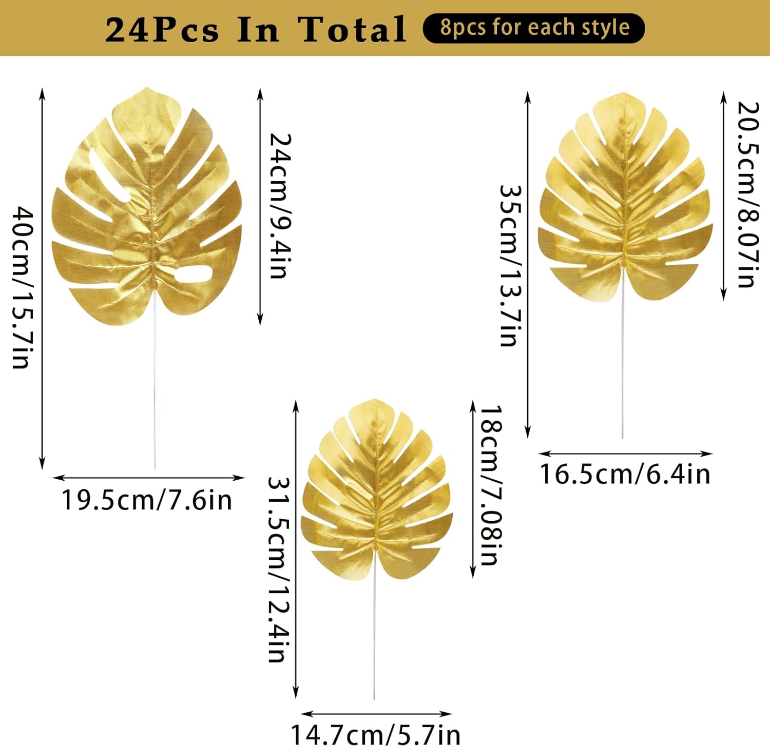 KIMOBER 24PCS Artificial Gold Palm Leaves,Mixed Size Golden Faux Tropical Monstera Leaves Realistic Artificial Plants Leaf for Home Hawaiian Luau Party Jungle Beach Decorations