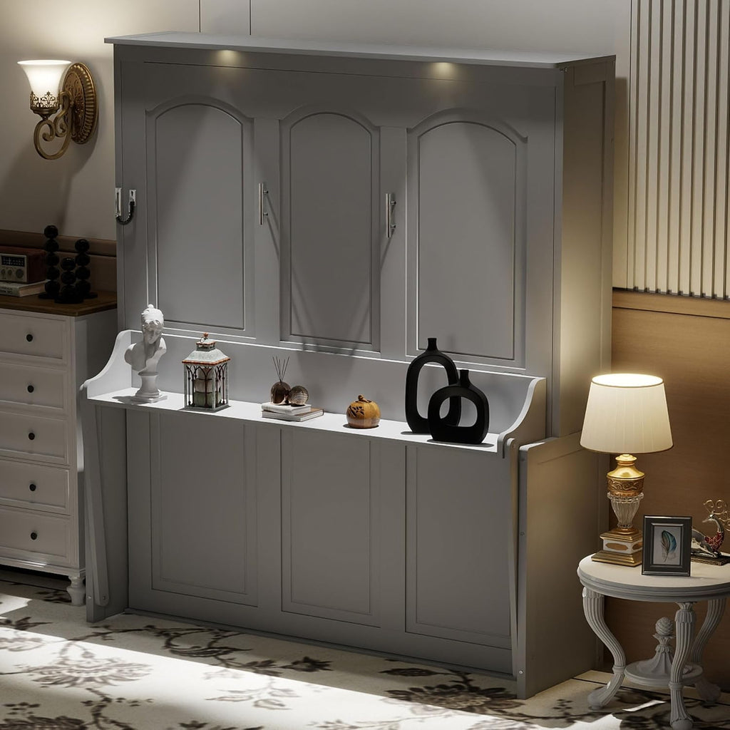 Merax Full Size Murphy Bed with Sofa Chair, Can be Folded Wall Bed with Storage Shelves and Light for Guest Room,Living Room and Bedroom