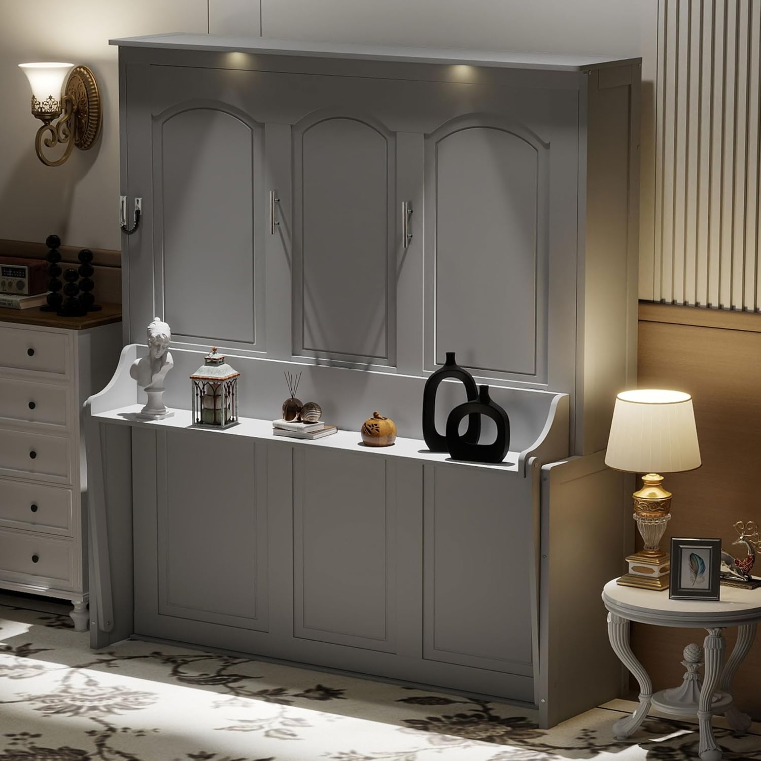 Merax Full Size Murphy Bed with Sofa Chair, Can be Folded Wall Bed with Storage Shelves and Light for Guest Room,Living Room and Bedroom