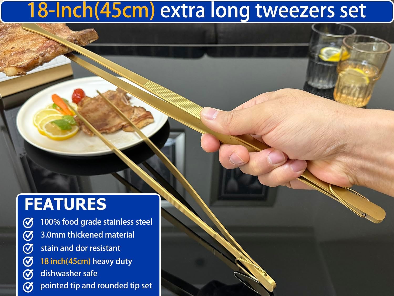 JETKONG 2 Pcs 18 Inch (45cm) Stainless Steel Grill Tongs Heavy Duty Giant Tweezer Tongs, Extra Large Tweezers Tools for Cooking, Grilling, BBQ and Turning Food (Gold)