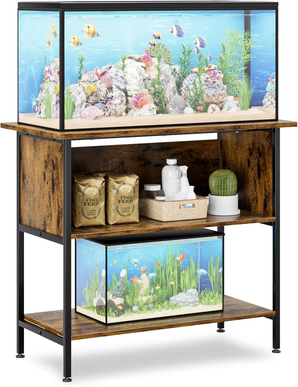 APPLOYN 40-50 Gallon Fish Tank Stand, Aquarium Stand with 3-Tier Storage Shelf, Heavy Duty Metal Frame for Turtle Reptile Terrarium Tank Stand, for Living Room, Office, 36.6" L x 18.9" W x 31.5" H, Black, Vintage Brown