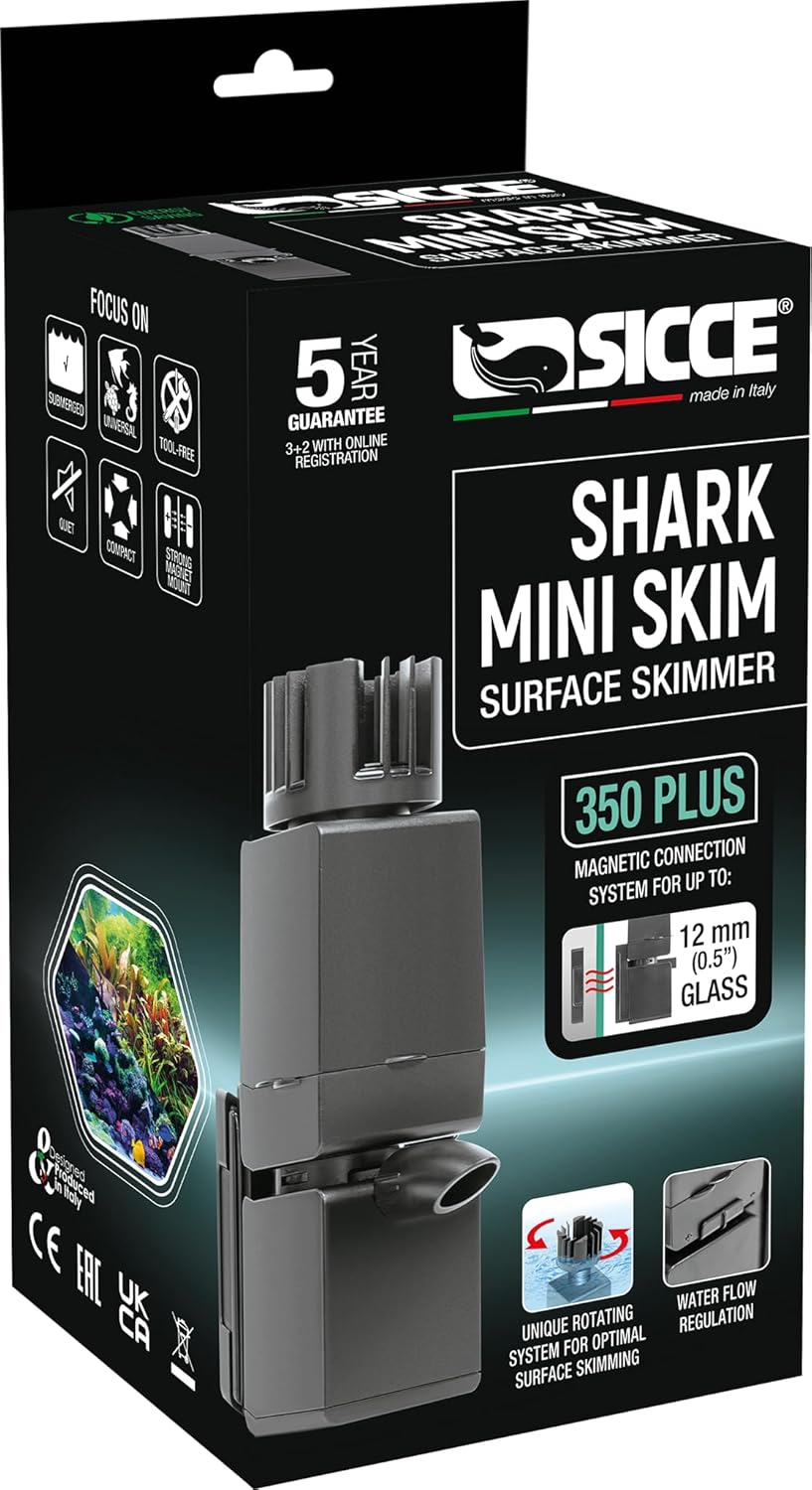 Sicce Shark MINI Aquarium Surface Skimmer 350 Plus up to 90 Gallon Aquariums | 90 GPH Flow Rate Efficient Debris Oil Film Removal Freshwater & Saltwater