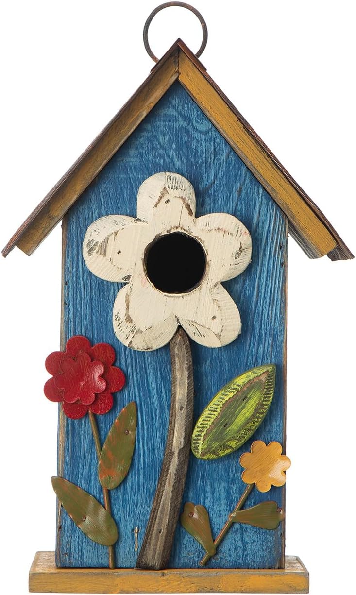 Glitzhome 10.2" H Hanging Bird House for Outdoor Patio Garden Decorative BirdHouse Pet Cottage Distressed Wooden Birdhouse with 3D Flowers, Washed Blue