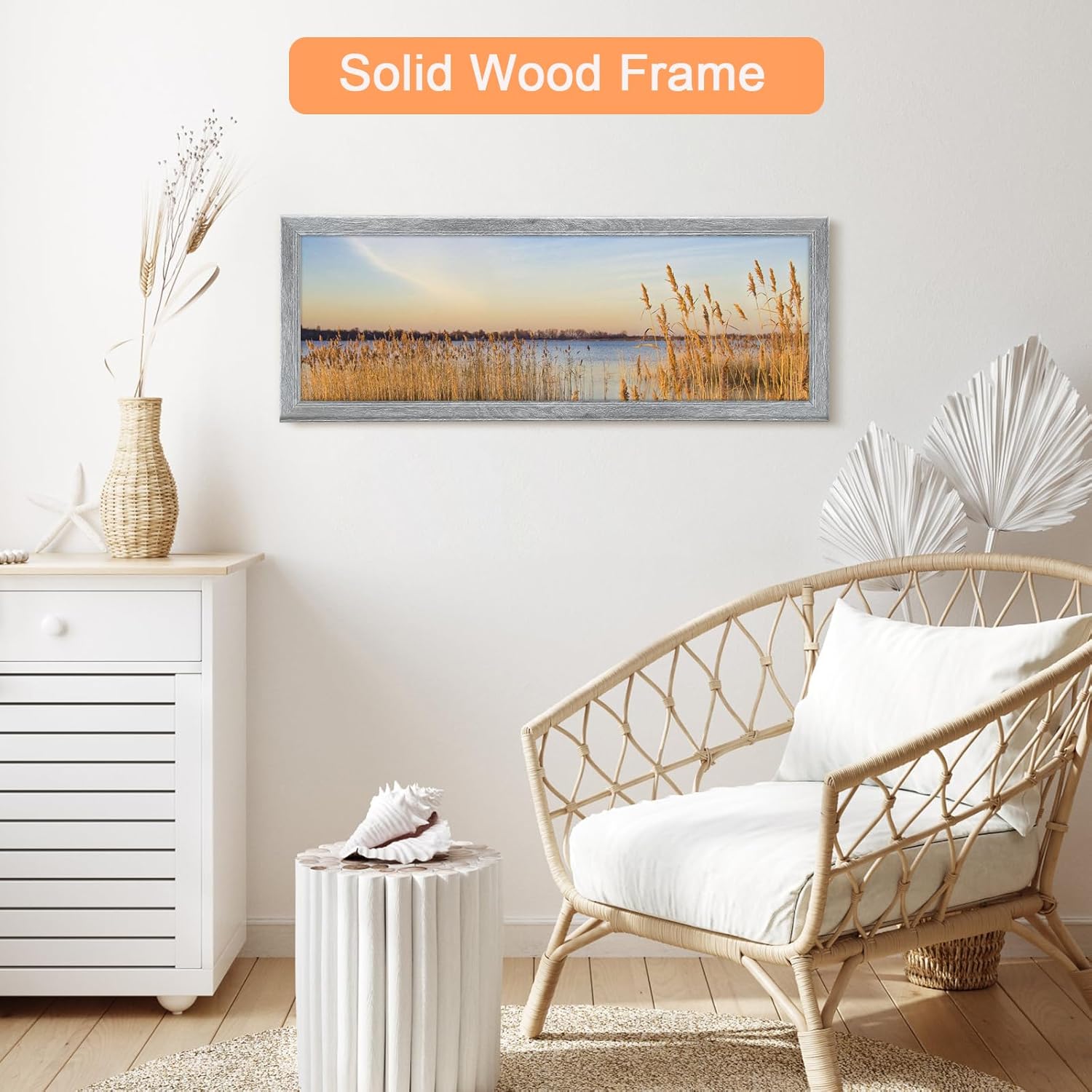 8x24 Wood Frame Gray, Rustic Natural Grey Wooden 24x8in Poster Picture Frame, Distressed 8 x 24inch Woodgrain Gallery Photo Frame with HD Plexiglass, Horizontal Vertical Wall Mounting Display 1pcs