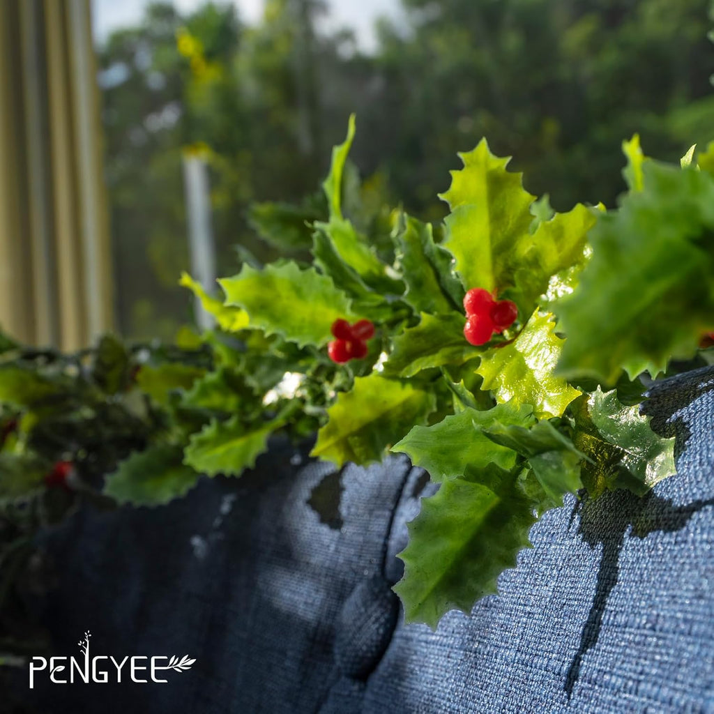 6 Pack 5.57ft Artificial Christmas Garlands, Xmas Holly Leaves and Red Berries, Artificial Greenery Garlands for Christmas Decorations Fireplace Winter Newyear Decor
