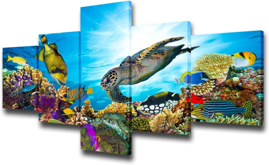Underwater World Picture Turtle and Fish Paintings House Decoration Living Room Multi Panel Prints on Canvas Coral Reef Wall Art Contemporary Artwork Stretched Framed Giclee Ready to Hang(50''Wx24''H)