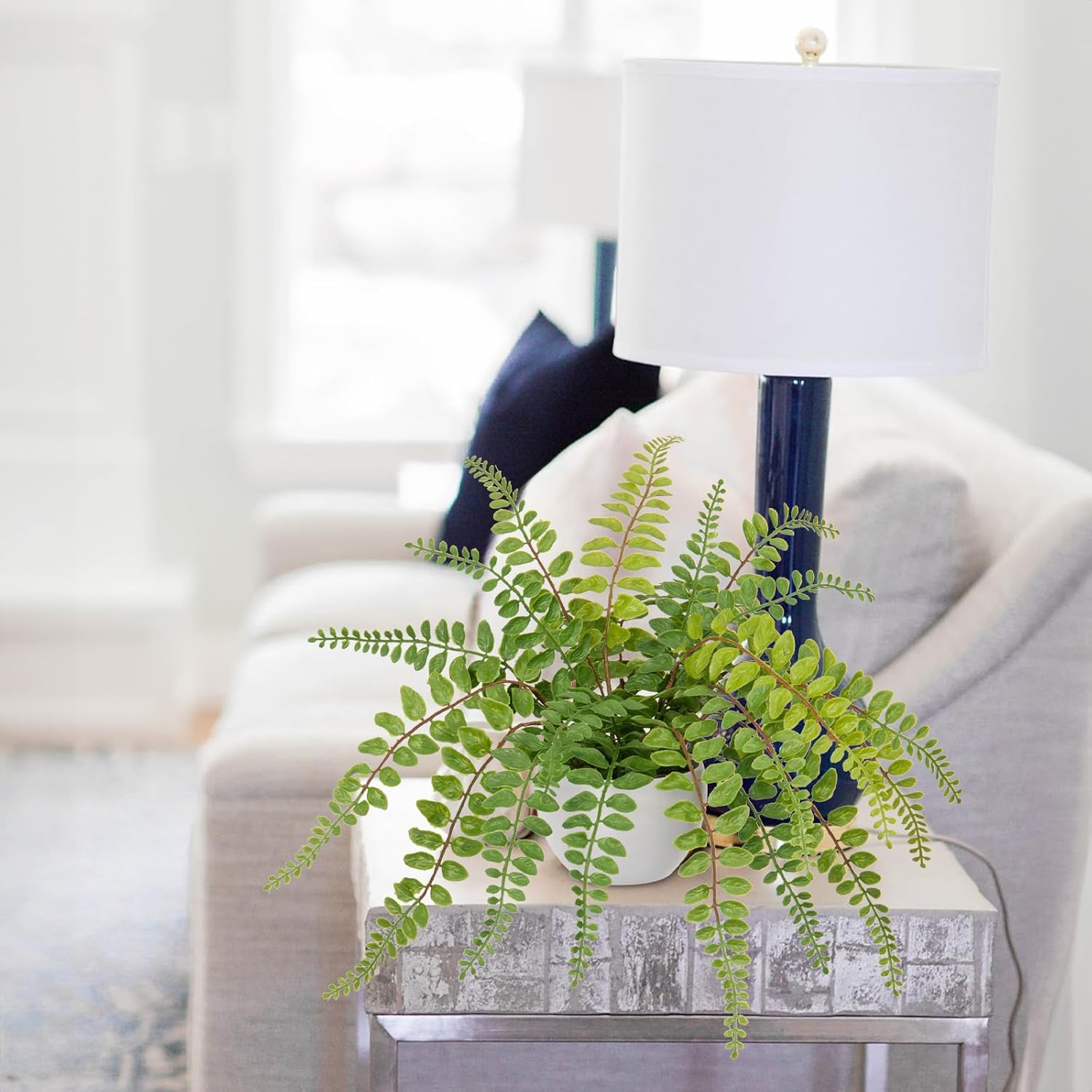 Hollyone Artificial Fern Potted Plant for Outdoors Indoors - Lifelike Faux Boston Fern in White Pot for Garden, Patio, Home, Farmhouse, Windowsill, Office, Living Room, Desk Decoration