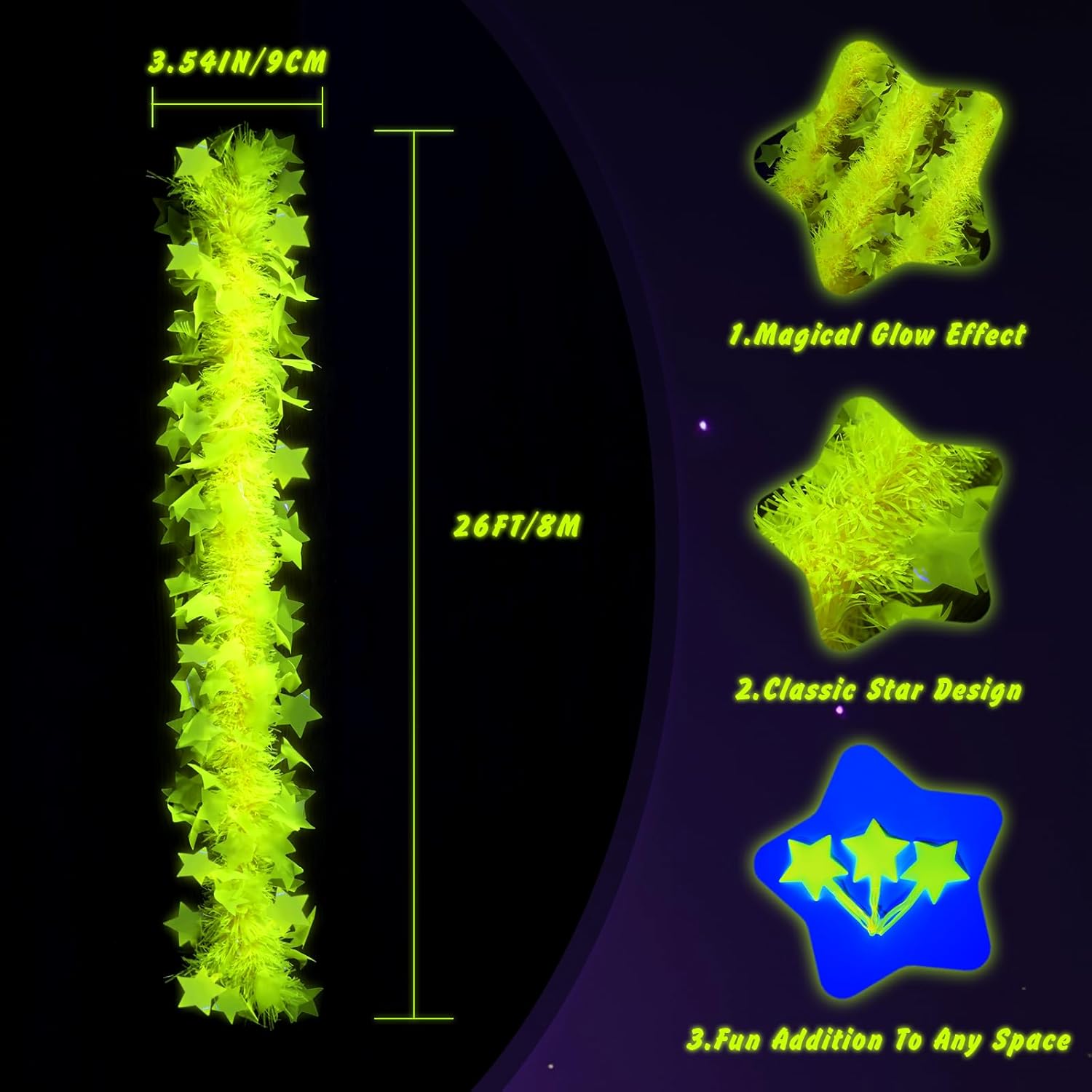 Mega-L Glow in The Dark Party Supplies, 26ft Fluorescent Yellow Star Neon Garland Decorations Cute Hanging Ceiling Decorations for Birthday Party Home Wall Decor