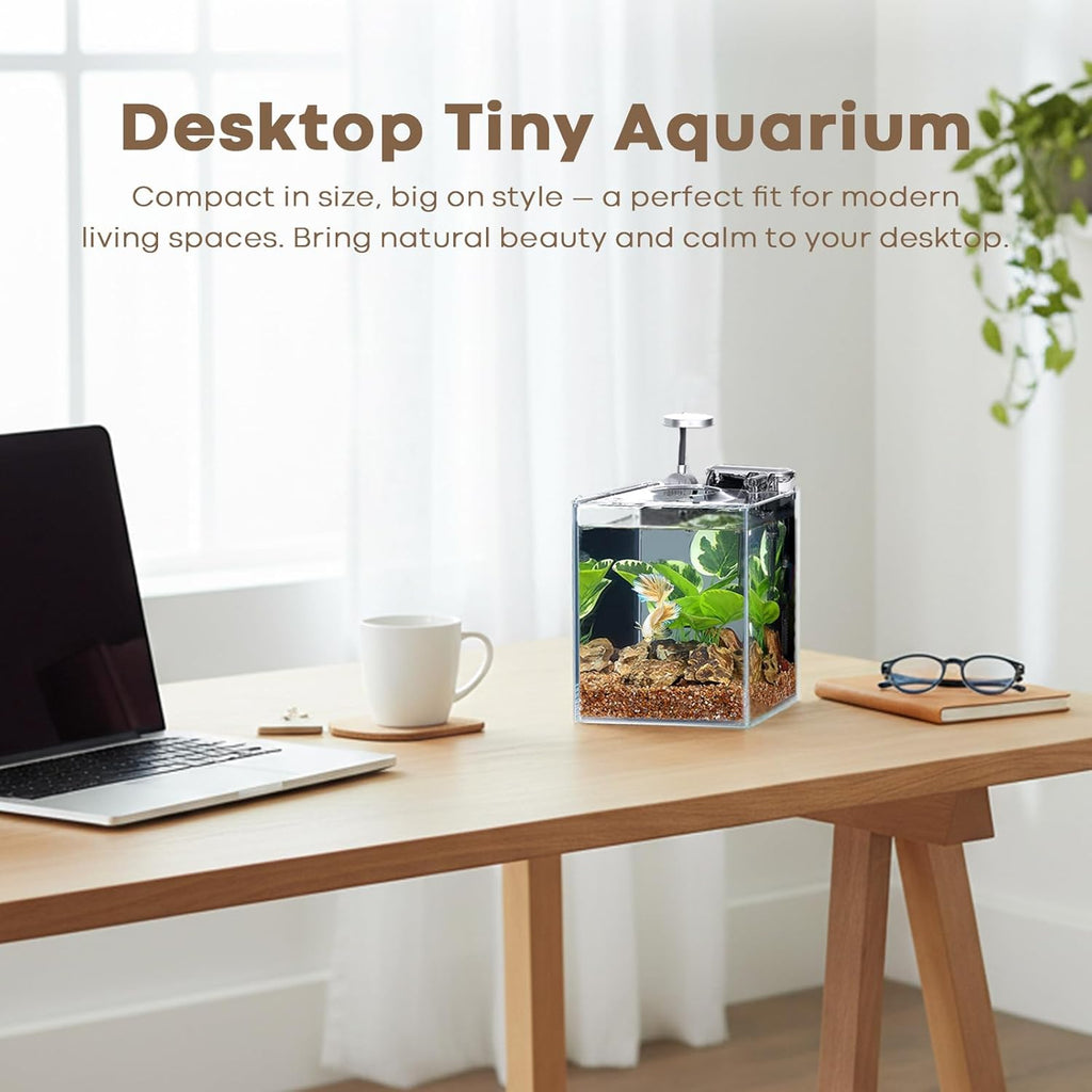 Desktop Small Aquarium Set Glass Fish Tank 1.25 Gallon, Heater Water Pump Filter Bright LED Light Gravel Cleaning Tool, Starter Kit Small Space Easy Setup Space-Saving Design Betta Shrimp