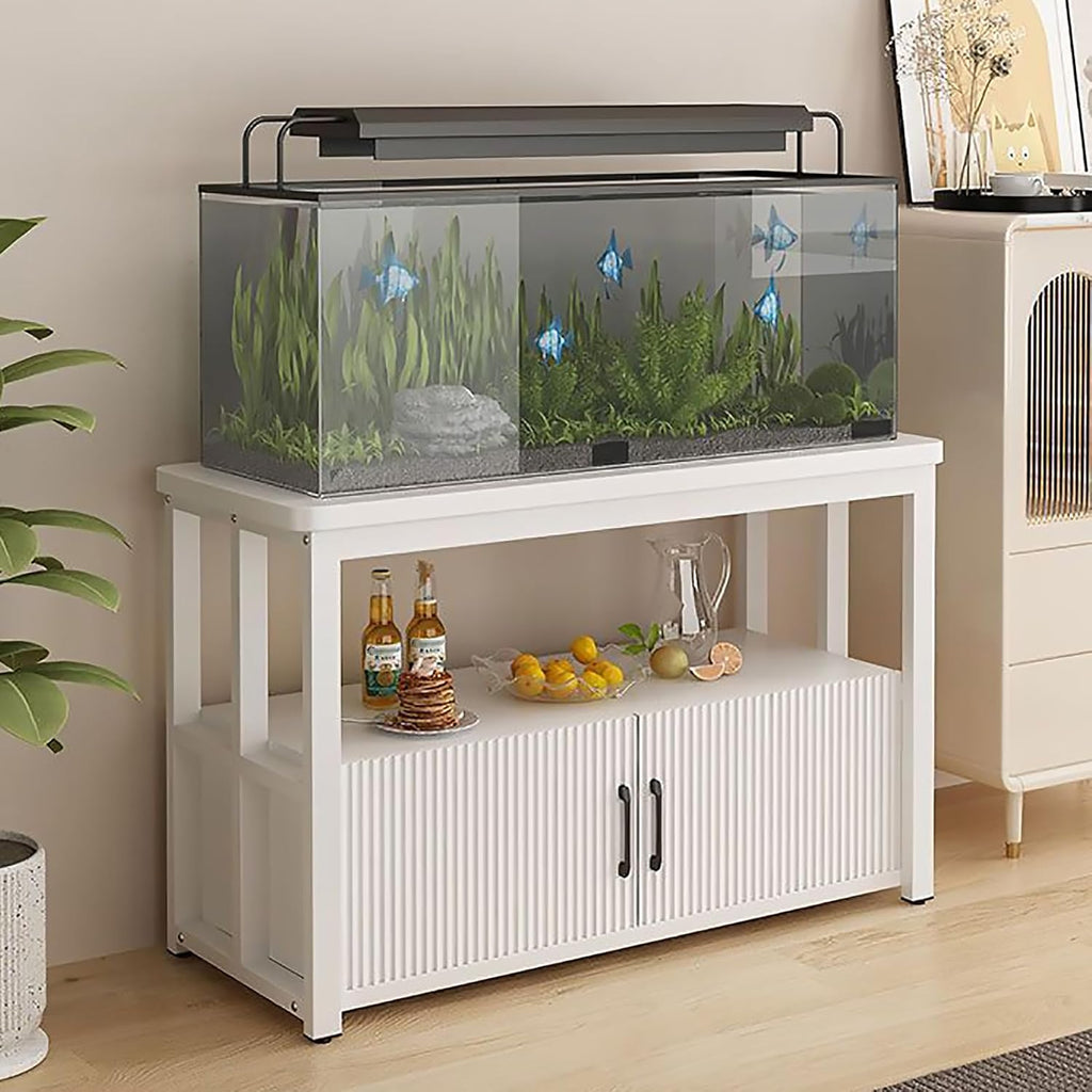 5-75 Gallon Aquarium Stands, 3 Tier Metal Frame Fish Tank Stand with Cabinet Storage, Reptile Tank Stand for Home Living Room Bedroom Office, 2200LBS Capacity (white+white, L47.2″*W17.7″*H23.6″)