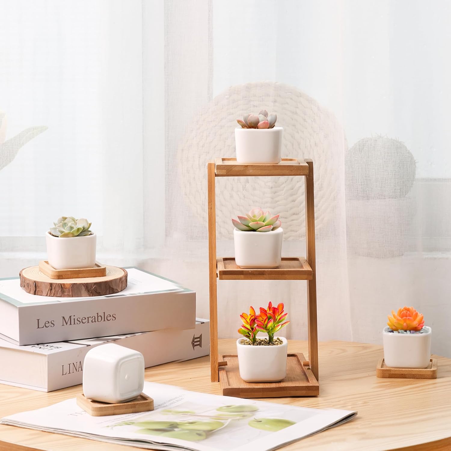 T4U 2 Inch Small White Succulent Planter Pots with Bamboo Tray Square Set of 2, Ceramic Flower Pots Cactus Air PlantContainers,Gardening Plant Gifts for Women, Modern Home and Office Decor