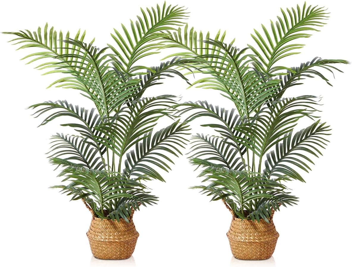 LOMANTO Fake Majesty Palm Plant 4Ft Artificial Plants for Home Decor Indoor Faux Palm Trees in Pot Fake Tropical Plants for Housewarming Gift 2Pack
