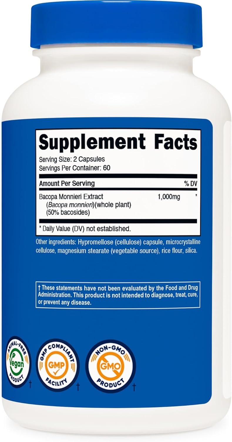 Nutricost Bacopa Monnieri 1,000mg, 120 Capsules (60 Servings) - Non-GMO, Gluten Free, and Vegetarian Friendly (Pack of 2)