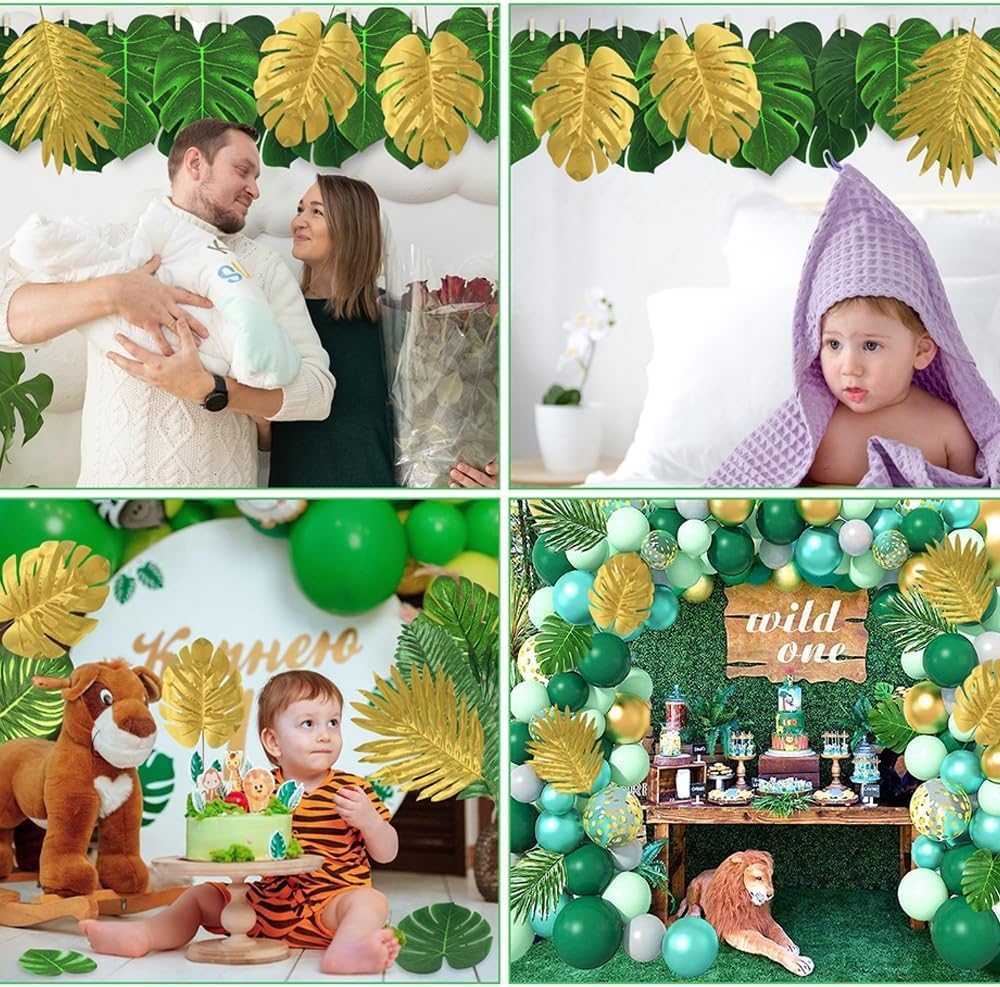 50 Pieces 10 Kinds Artificial Palm Leaves Golden Tropical Leaves with Stems Jungle Leaves Decorations for Hawaiian Luau Party Beach Baby Shower Wedding Birthday