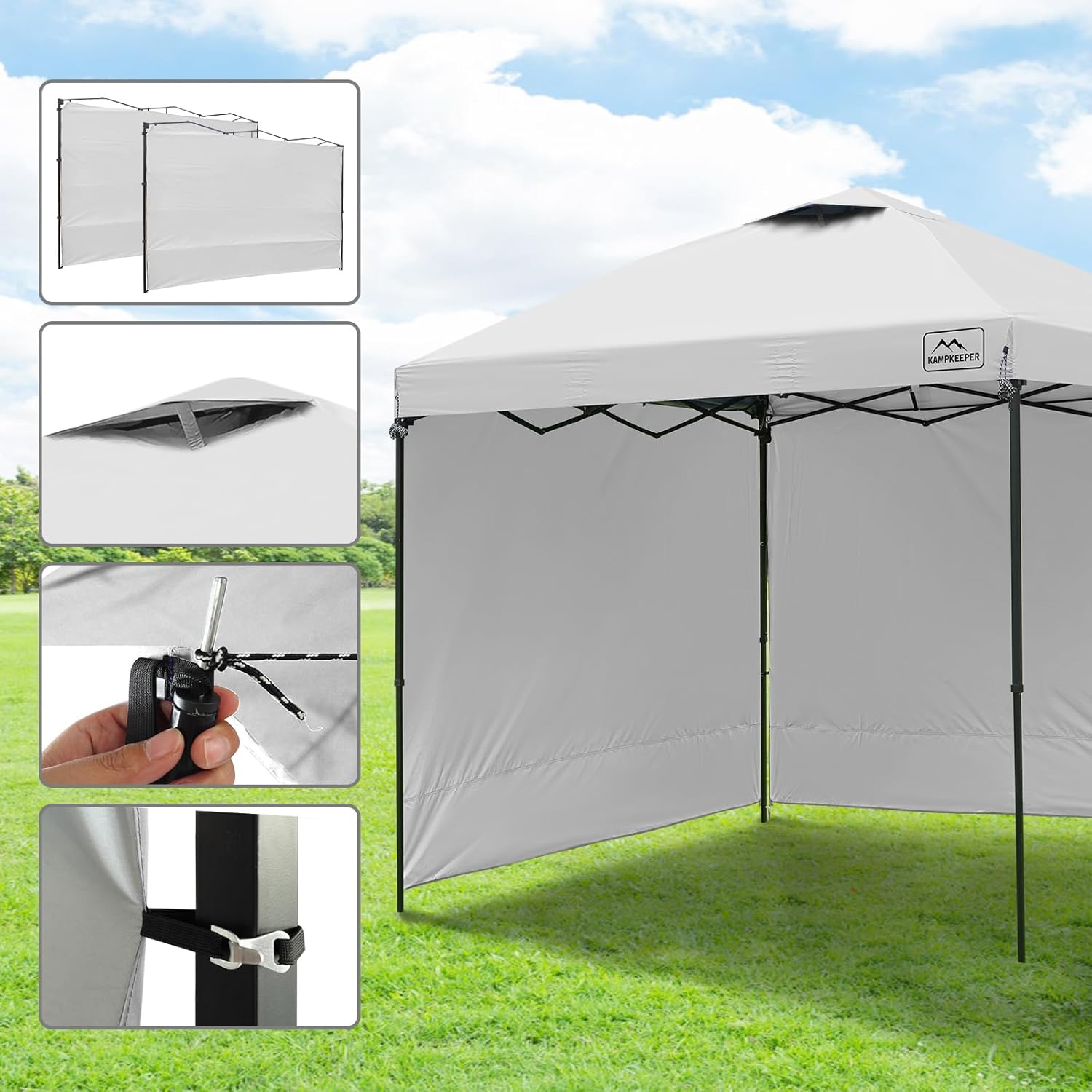KAMPKEEPER 10x10 Easy Pop Up Canopy Tent with Sidewalls, Instant Outdoor Shade Shelter with Removable 10FT Sun Walls, Quick Setup Waterproof and UV-Resistant for Patio (White, 2 sidewall)