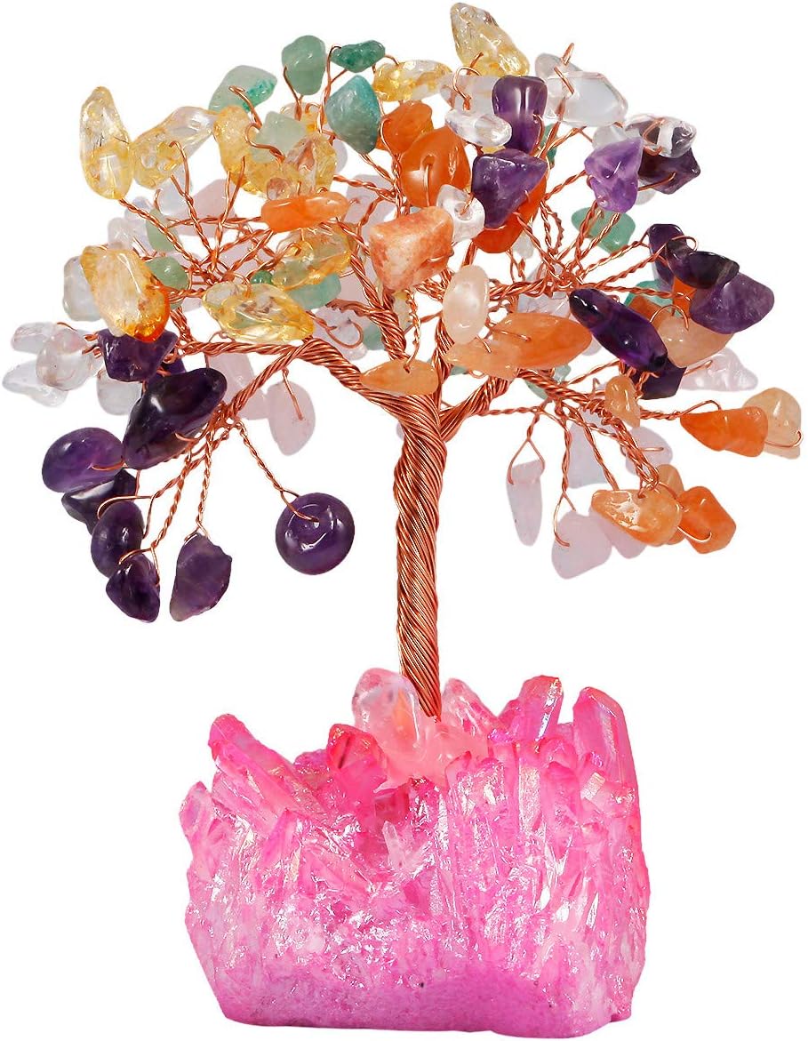 mookaitedecor Colorful Crystal Tree, Quartz Cluster Fuchsia Titanium Crystals Base Bonsai Money Tree for Wealth and Luck