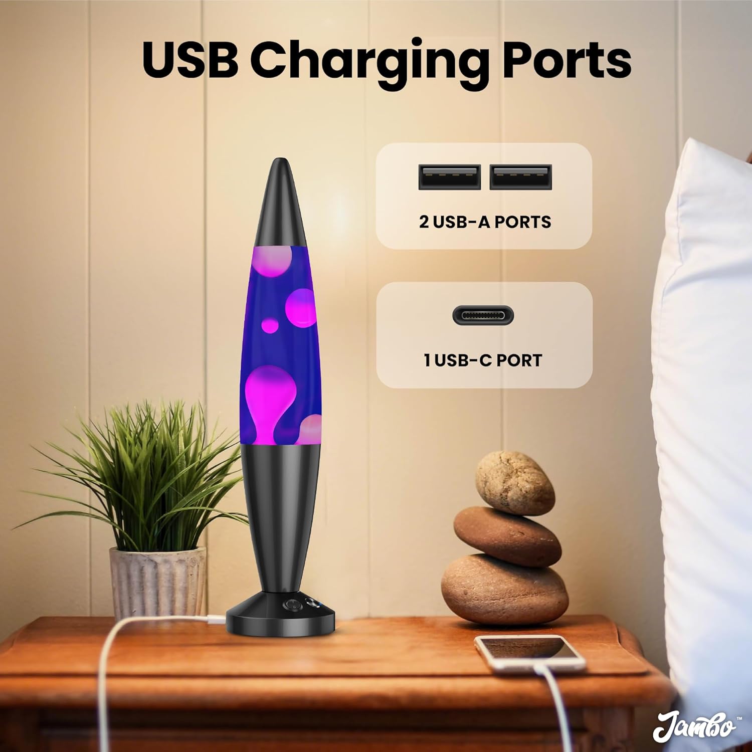 JAMBO 16-Inch Beautiful Lamp with Wax, Relaxing Night Light Home Decor, Extra Tall, Living Room Office Bedroom Lamp for Adults, Teens, Kids (USB, Auto Shut Off, Black Base, Purple Liquid, White Wax)