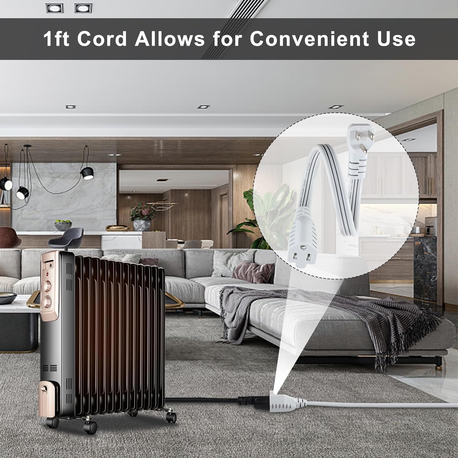 KUNCAN Appliance Power Extension Cord - 3 Prong Flat Wire SPT-3 14 AWG Heavy Duty Male to Female Extender Low Profile Grounded Cable for Major AC Unit, Air Conditioner, Refrigerator, Heater (1 Feet)