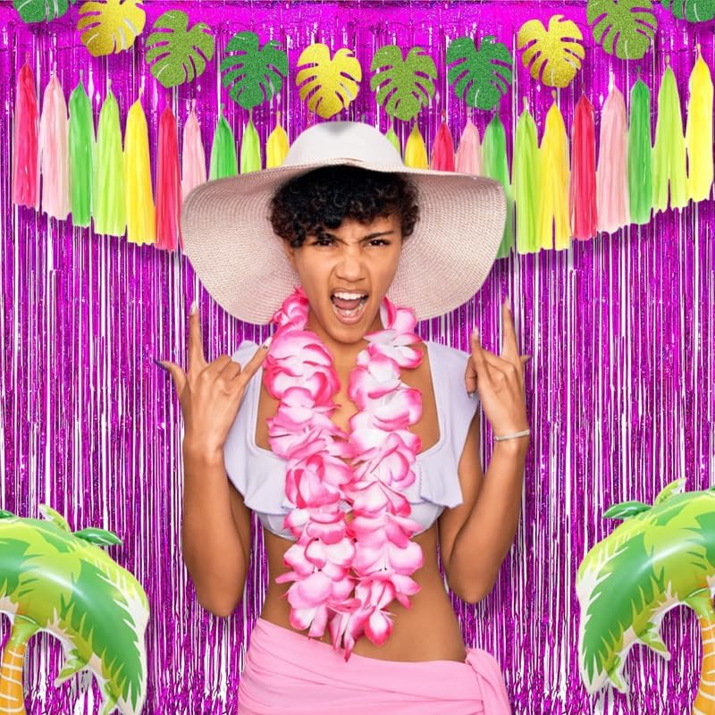 BRAVESHINE Hot Pink Tinsel Foil Fringe Curtains - 2Pcs 3.2x8.2ft Metallic Party Streamers Backdrop for Christmas Girl Birthdays Bridal Shower Bachelorette Engagement Hawaiian Luau Party Decorations