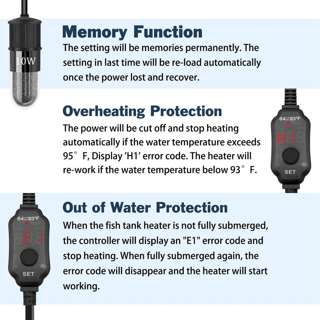 Adjustable Mini Aquarium Heater 0.5/1/2/3 Gallon Submersible Small Fish Tank Heater 10W/20W/30W Digital Display Thermostat External Temperature Controller (10W)