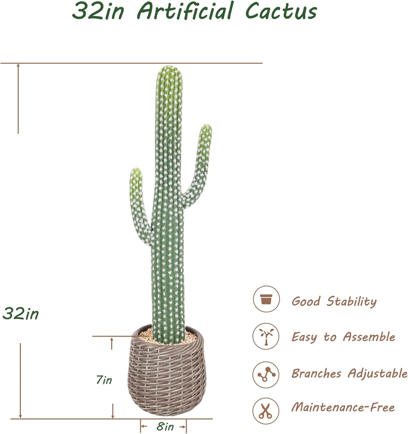 bellacat 32in UV Resistant Fake Cactus with Brown Decorative Pot, Realistic Faux Cactus Plants Indoor, Artificial Cacti for Table Living Room Office Porch Home & Outdoor Decor