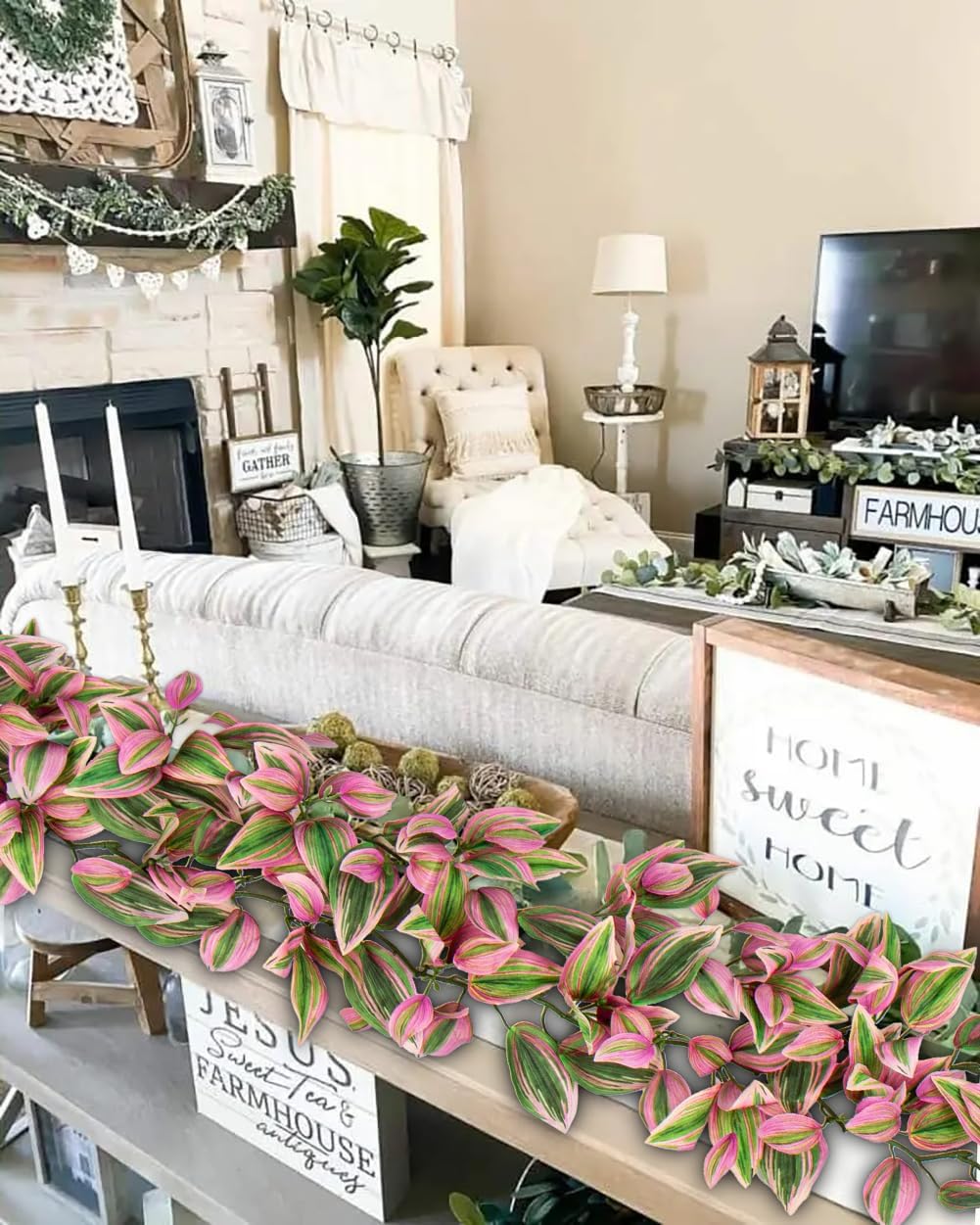 2Pcs 5.6FT Artificial Leaf Hanging Plant Faux Tradescantia Zebrina Garland Plants Fake Vines Leaves Greenery for Boho Wedding Party Front Door Wall Stair Home Decor Pink