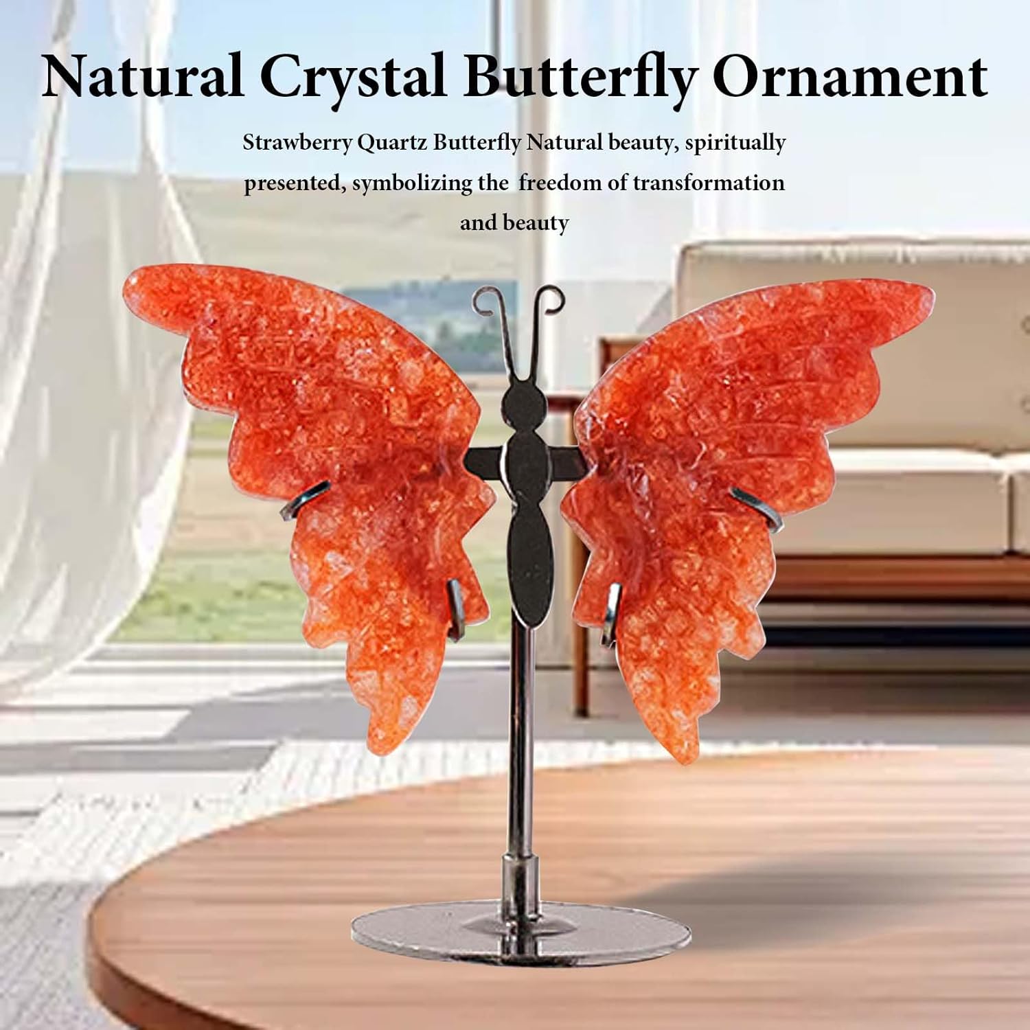 Apengshi Crystal Butterfly Ornament, Amethyst Agate Wings, Home Office Tabletop Decor (Strawberry)