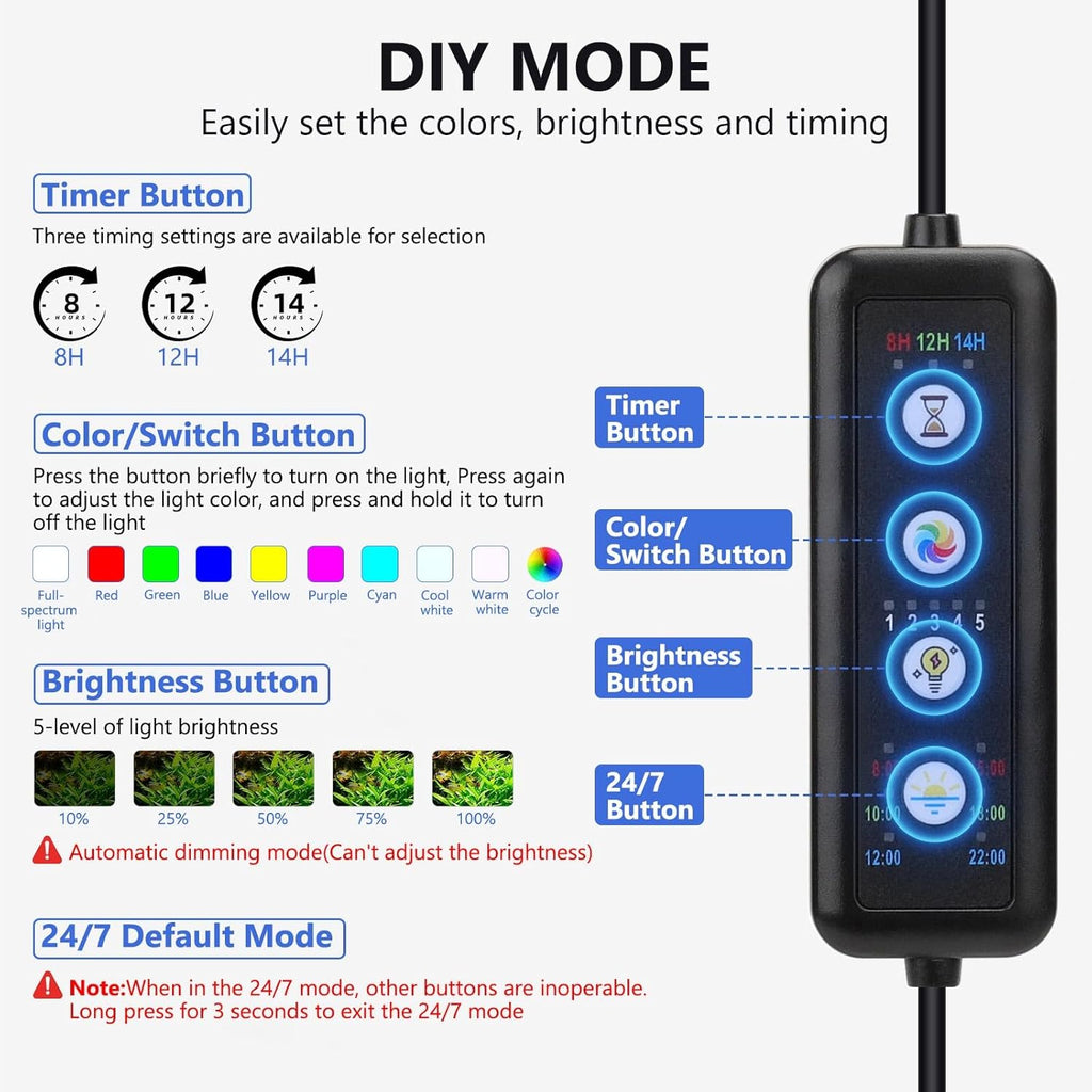 fishkeeper Clip On Aquarium LED Light, 24/7 Mode Full Spectrum Fish Tank Light with Timer, Adjustable 8 Color / 5 Brightness Simulate Sunrise-Day-Sunset-Moon for 11.81-16.92 inch Planted Tank 12W