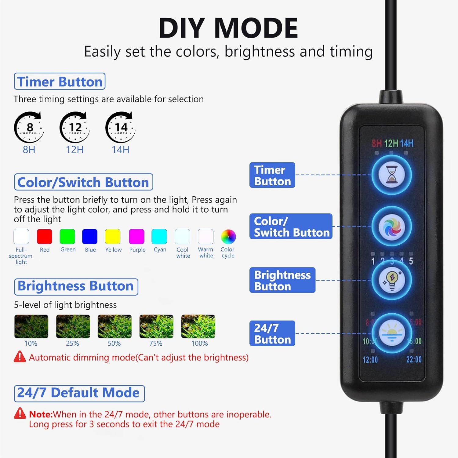 fishkeeper Clip On Aquarium LED Light, 24/7 Mode Full Spectrum Fish Tank Light with Timer, Adjustable 8 Color / 5 Brightness Simulate Sunrise-Day-Sunset-Moon for 11.81-16.92 inch Planted Tank 12W