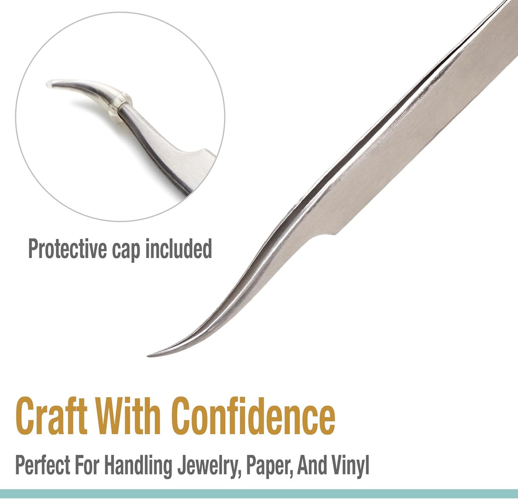 Beaditive High Precision Curved Tip Tweezers 3 Pack - 4.5" Craft Tweezers for Sewing, Beading & DIY Crafts - Non-Serrated Jewelry Tweezer Set with Fine Curved Tips - Stainless Steel Hobby Tweezers