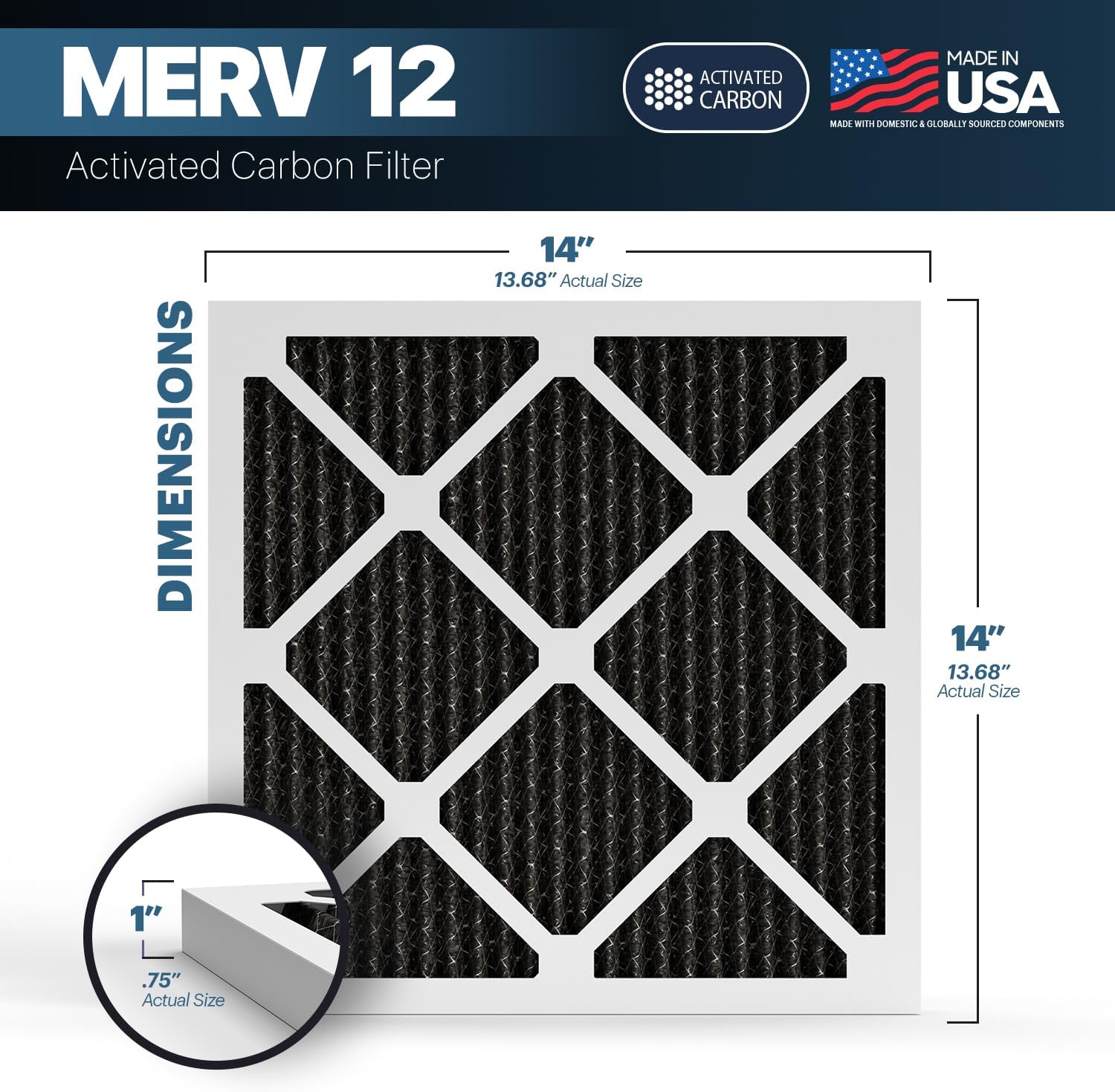 BNX TruFilter 14x14x1 MERV 12 Odor Defense (4-Pack) AC Furnace Air Filter with Activated Carbon - MADE IN USA - Pleated Air Conditioner HVAC AC Furnace Filters - Removes Odor, Mold, Bacteria, Smoke