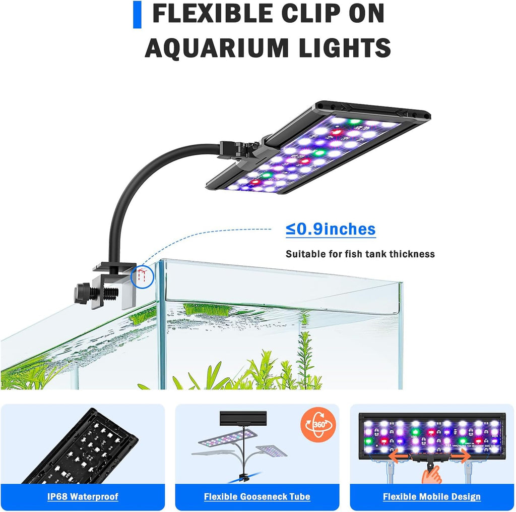 AQQA LED Aquarium Light, 24/7 Mode Clip on Fish Tank Light with Memory Function, DIY Mode Full Spectrum Aquarium Plant Light, Adjustable Timer/Brightness, IP68 Waterproof for 11-16 Inch Fish Tank 11W