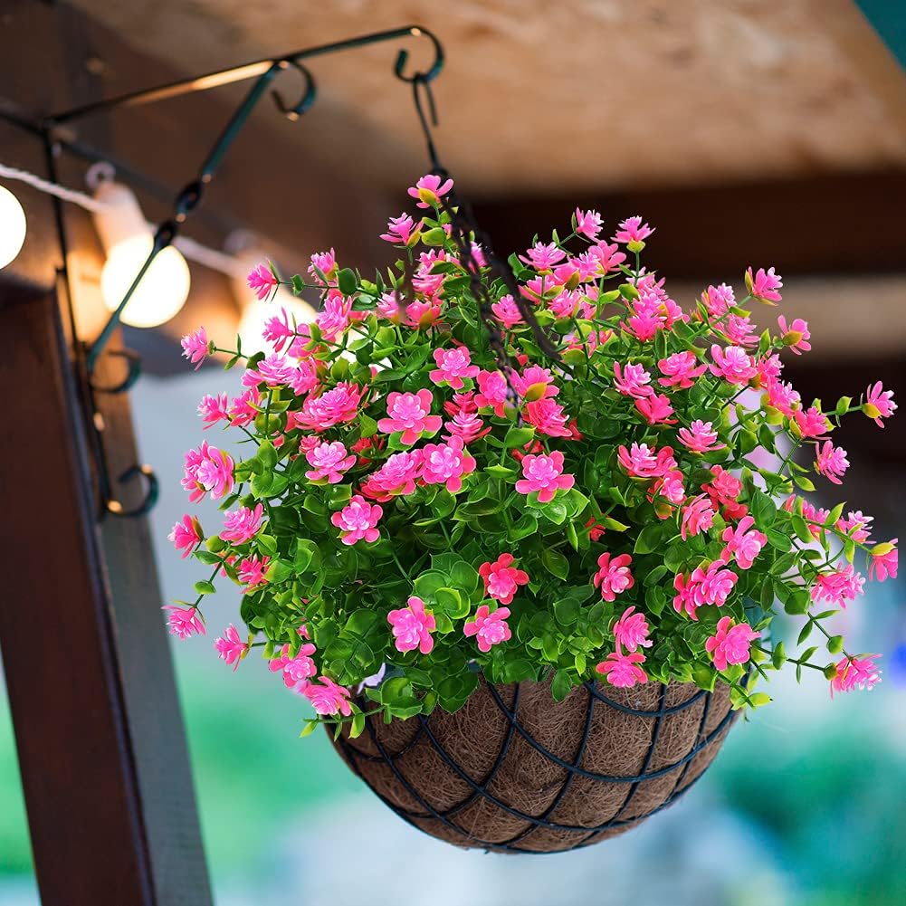 24 Bundles Outdoor Artificial Flowers UV Resistant Fake Boxwood Plants, Faux Greenery for Indoor Outside Hanging Plants Garden Porch Window Box Home Wedding Farmhouse Décor (Pink)