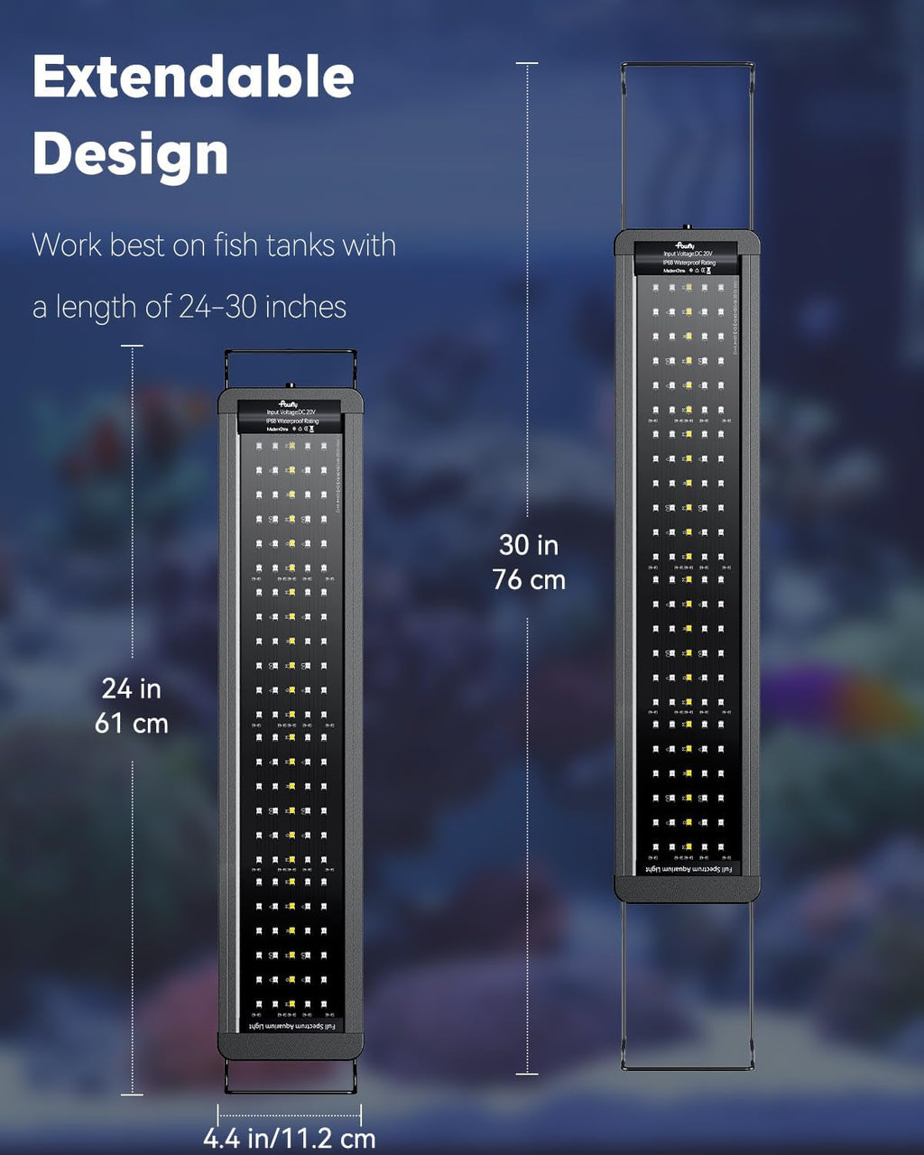 Pawfly 26W Saltwater Aquarium Light for 24" to 30" Fish Tanks Dimmable LED Reef Light for Coral Extendable Marine Fish Tank Light with Full Spectrum D/N Mode Timer Auto On/Off Adjustable Brightness
