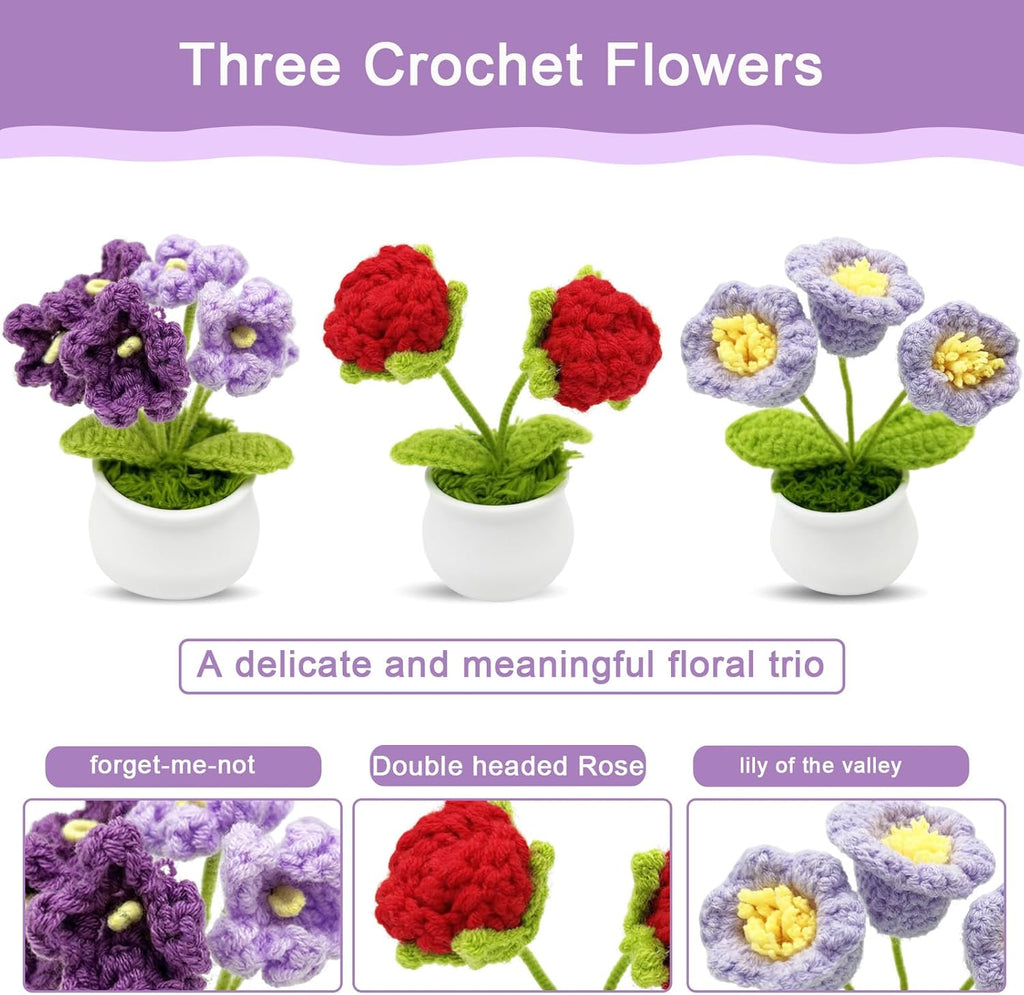 3pcs Crochet Flowers Cute Potted Flower,Mini Flower Bouquet for Mom Wife, Cute Desk Decor for Women,Artificial Handmade Flowers for Car Dashboard,Home Office Decoration (Color#2)