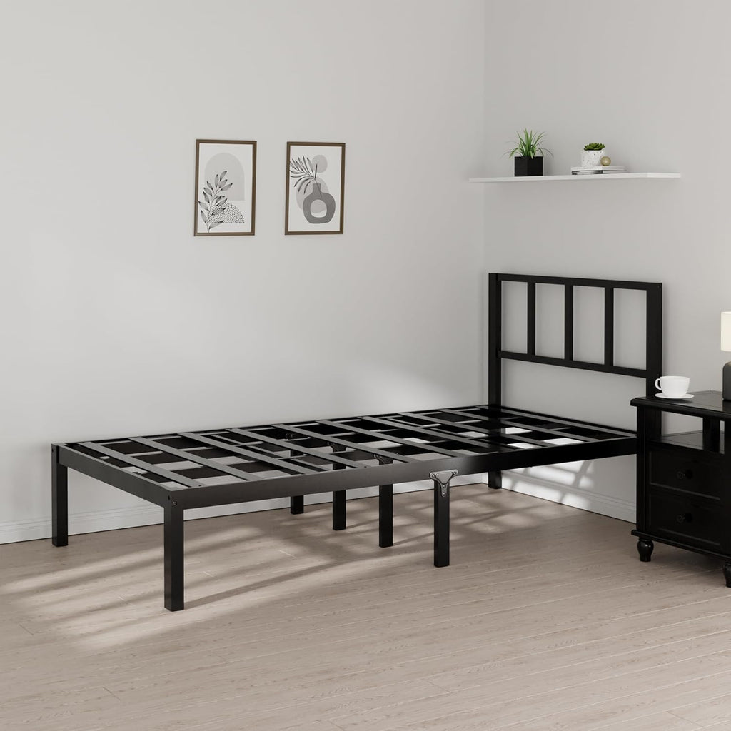 14 Inch Bamboo Bed Frame – Solid Wood Platform Bed Frame, Strong and Stable, with Non-Slip Slats for Support, No Box Spring Needed, Easy to Assemble, Noise-Free (Black with Headboard, Twin)