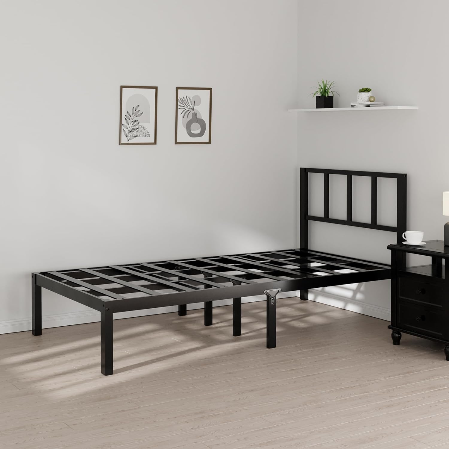 14 Inch Bamboo Bed Frame – Solid Wood Platform Bed Frame, Strong and Stable, with Non-Slip Slats for Support, No Box Spring Needed, Easy to Assemble, Noise-Free (Black with Headboard, Twin)