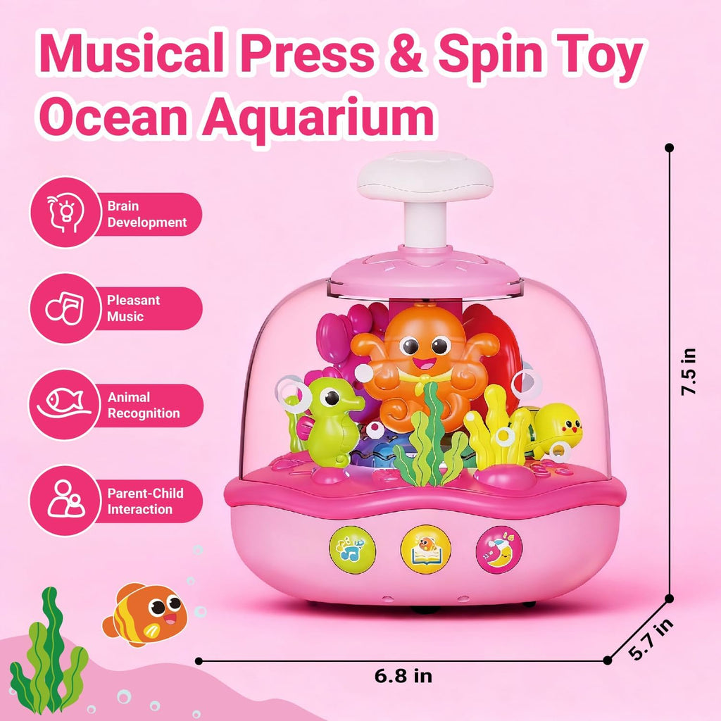 Baby Girl Toys 6-12-18 Months, Press & Spin Aquarium Musical Light Up Toy | Bilingual Learning Educational Cause and Effect Toy for 1 Year Old Boy Girl, Christmas Birthday Gifts for 1-3 Year Old