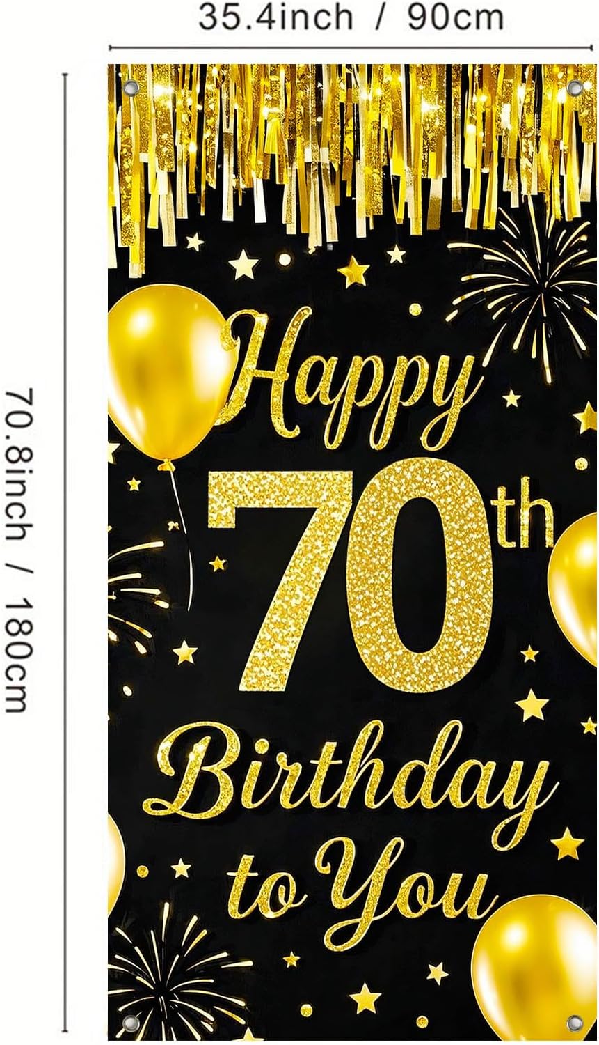 IVN 70th Birthday Door Cover 71x35 Inch Black Gold Birthday Banner for Party Decorations Balloons Stars Fireworks Backdrop Sign for Men Women Photo Booth Prop Wall Decor