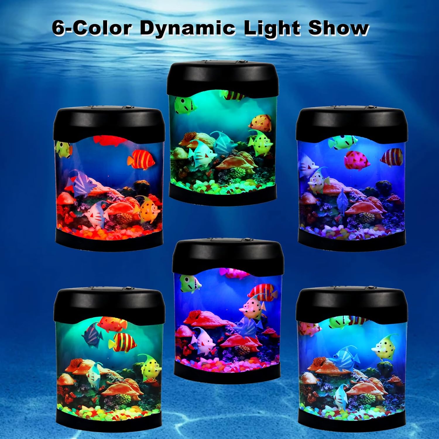 Glowing Fish Lamp Aquarium with 6 Color-Changing LED, 6 Moving Fake Fish & Realistic Ocean Scene - USB Powered Night Light for Bedroom, Office Decor, Relaxation Ideal Gift with Auto Shut-Off
