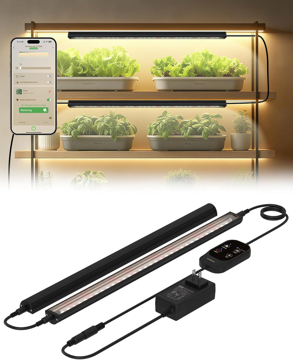 Smart Grow Light for Indoor Plants,3500K Full Spectrum LED Plant Light Strips with 3/9/12H Auto Timer,Stepless Dimming,Modular Design，Plug and Play (Black, 2 Pack 16W)