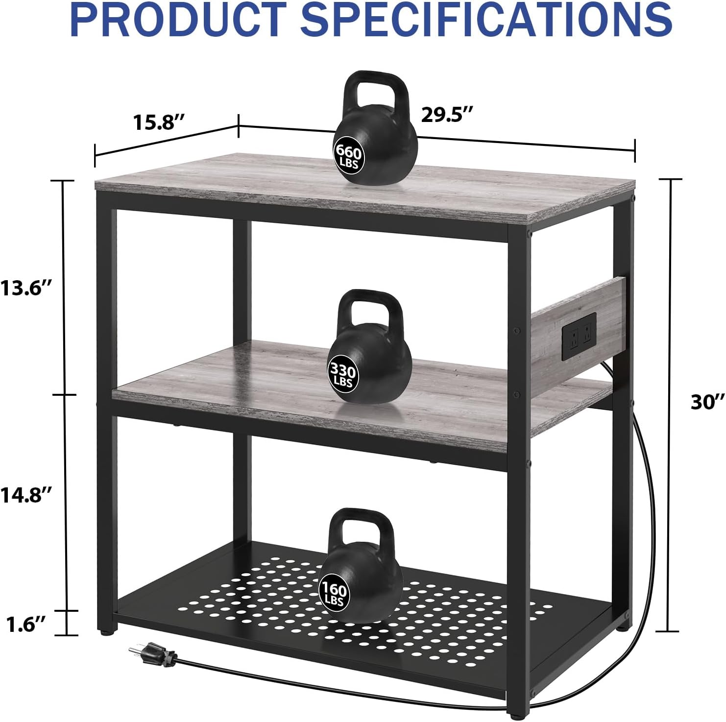Livofloral 20-29 Gallon Fish Tank Stand With Power Outlets, 3-Tier Metal Aquarium Stands, Breeder Reptile Tank Stand with Shelf for Home Office, 660LBS Capacity, 29.5 x 15.8 x 30.1 inches, Grey