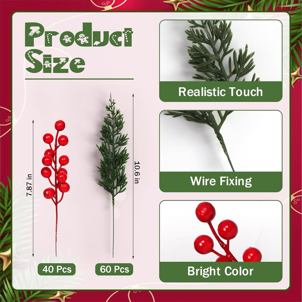 100 Pcs Christmas Artificial Pine Branches with Red Berry Stems 10.5" Faux Evergreen Norfolk Pine Cypress Leaves Stems, Fake Foliage Pine Needles Picks for Xmas DIY Craft Garland Home Decor