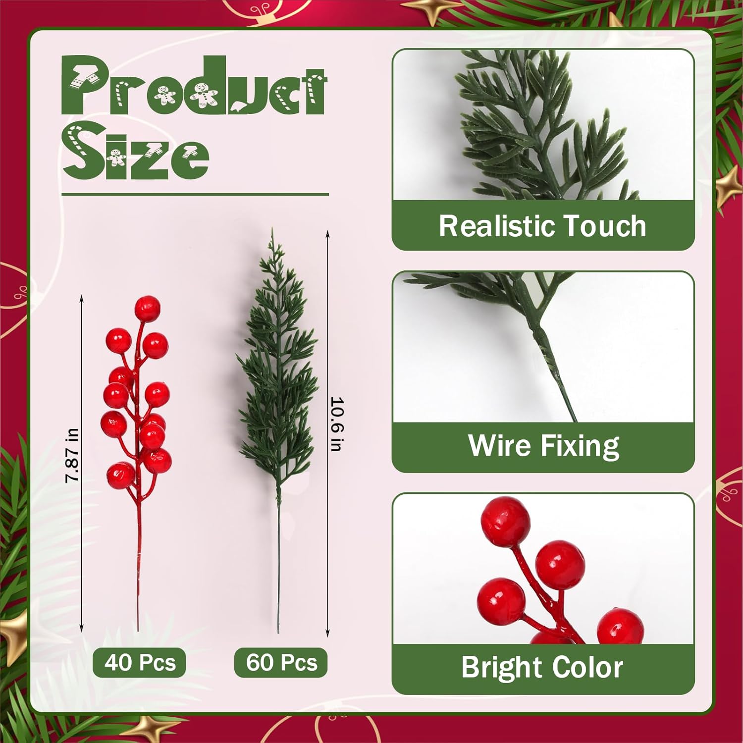 100 Pcs Christmas Artificial Pine Branches with Red Berry Stems 10.5" Faux Evergreen Norfolk Pine Cypress Leaves Stems, Fake Foliage Pine Needles Picks for Xmas DIY Craft Garland Home Decor