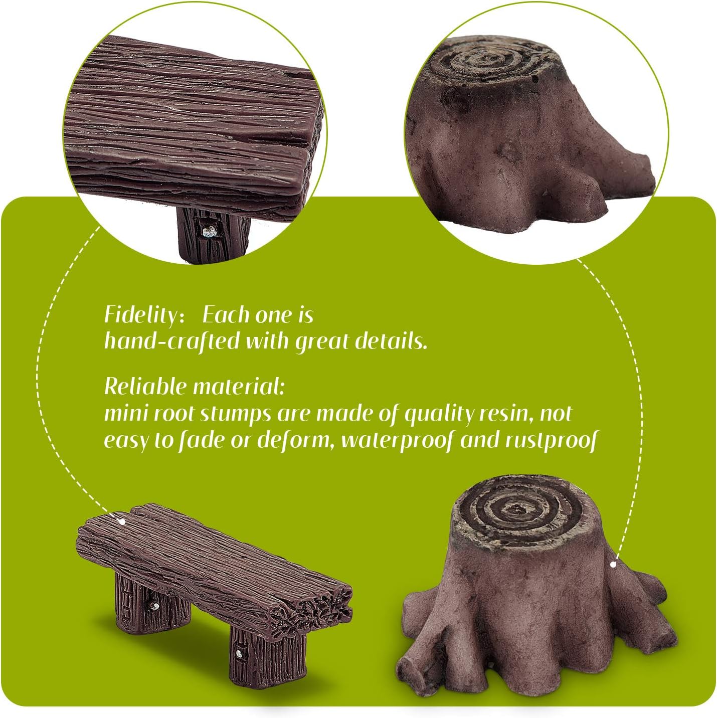 Skylety 12 Pieces Miniature Garden Ornaments, Includes 6 Pieces Retro Wooden Style Benches, 6 Artificial Mini Root Stump for Moss Terrariums Landscape Accessories Decorations